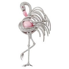 Modern 18k Gold Diamond Flamingo Brooch with Conch Pearls