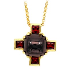 Modern 18k Gold Garnet Cross Pendant Necklace, Sugarloaf Cabochon