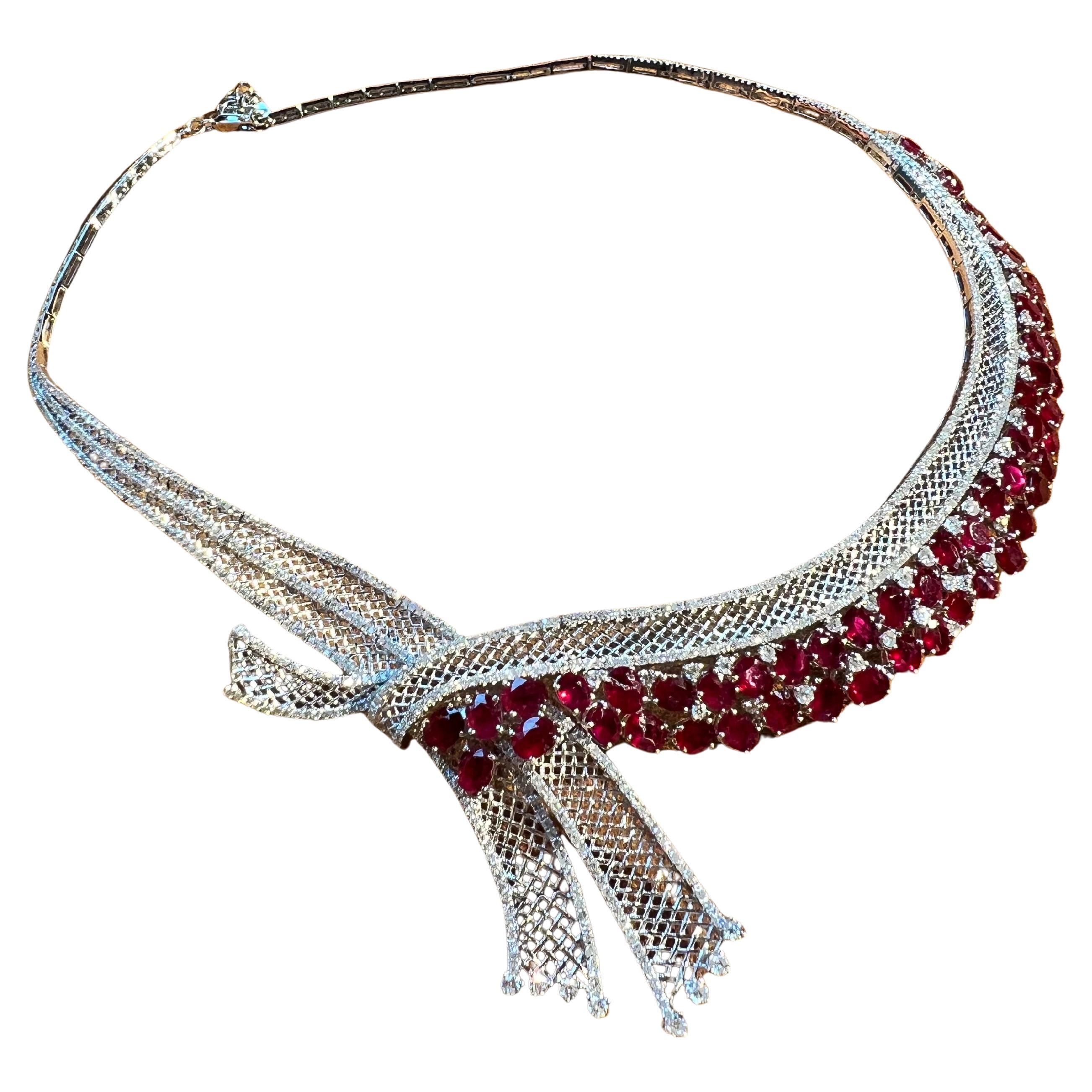 Modern 18K Gold Necklace with Rubies and Diamond Pavé Bow Motif