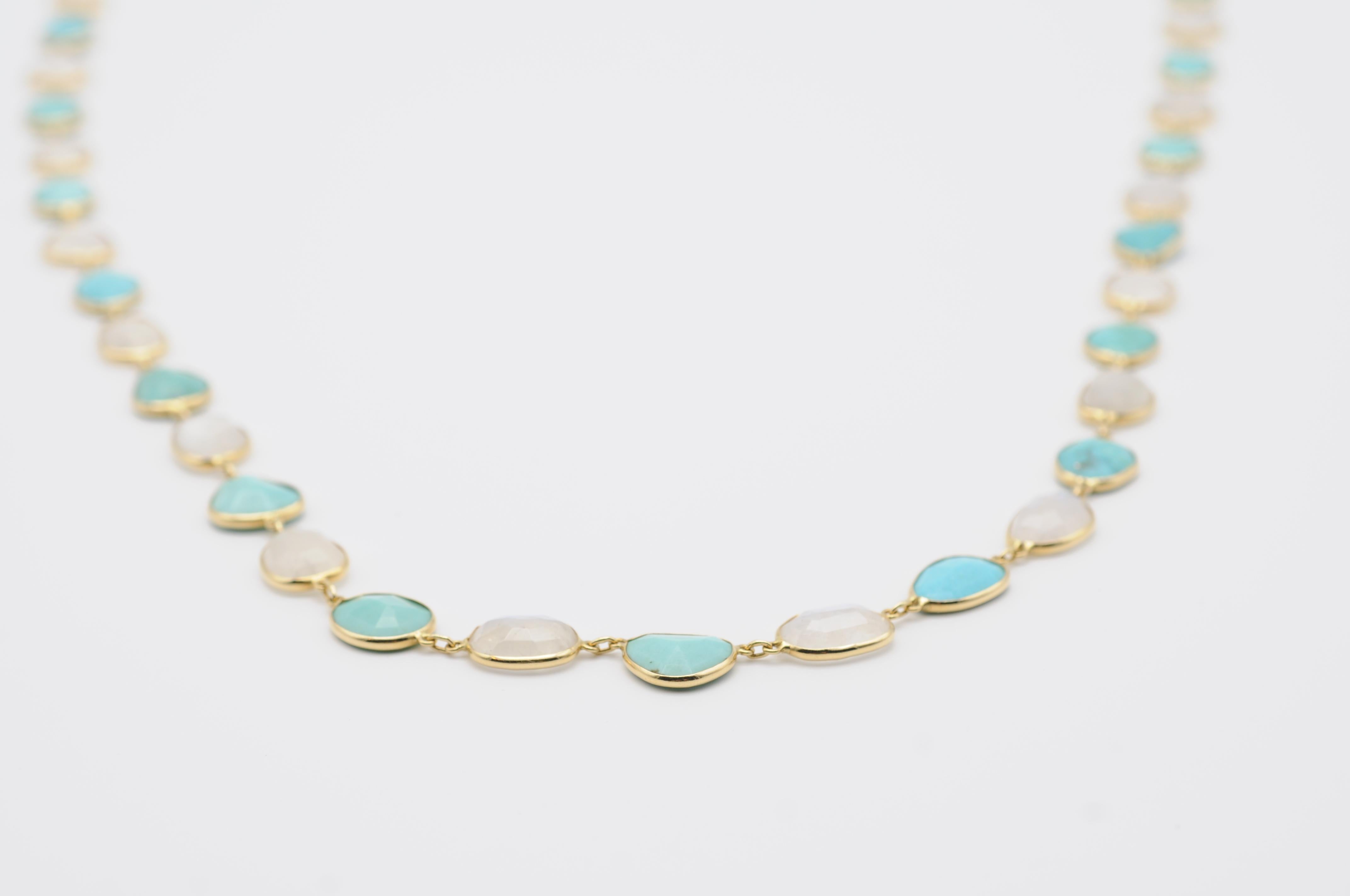 Uncut Modern 18k necklace Clear Quartz and Turquoise
