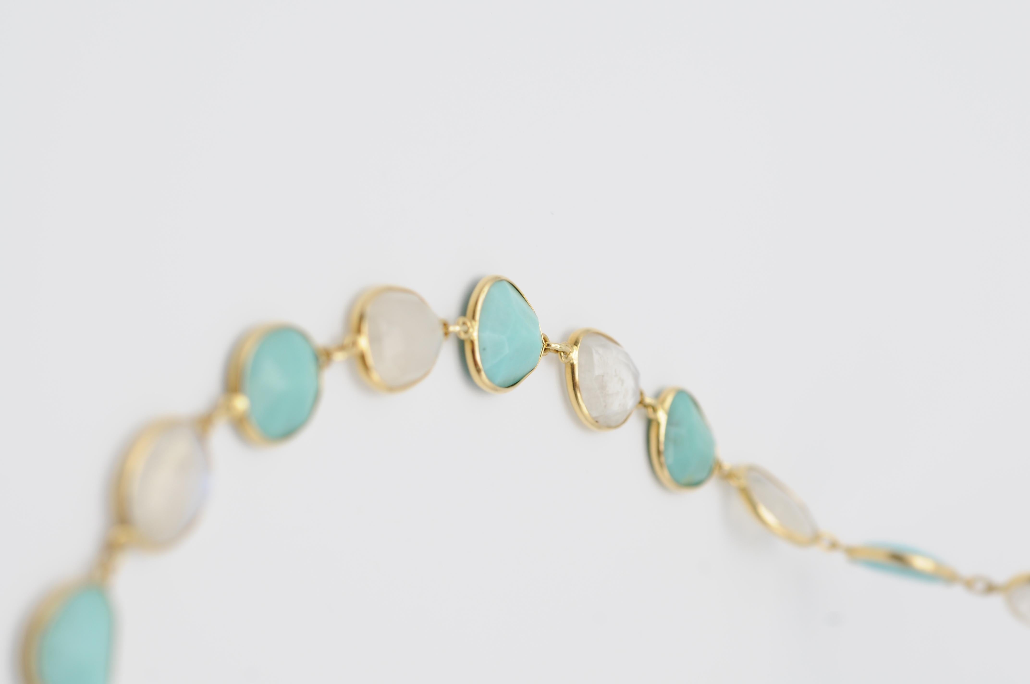 Women's or Men's Modern 18k necklace Clear Quartz and Turquoise