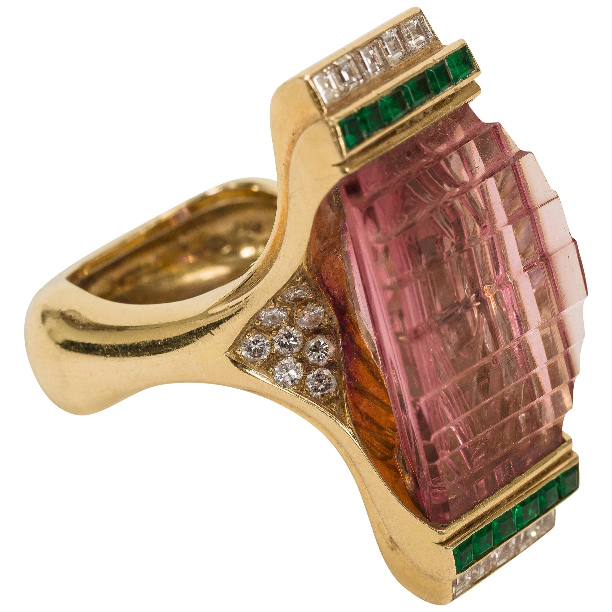 Modern 18k Pink Tourmaline, Diamond and Emerald Step Ring For Sale