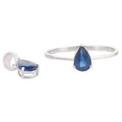 Moderne 18k massivem Weißgold natürlichen blauen Saphir Anhänger und Ring-Schmuck-Set