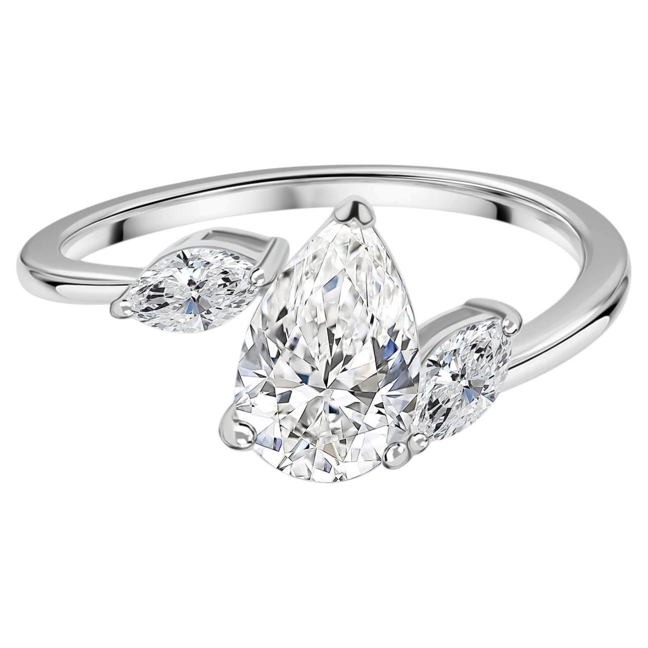 Natural 1.67 Carat SI Clarity HI Color Three Stone Diamond Ring 18K White Gold