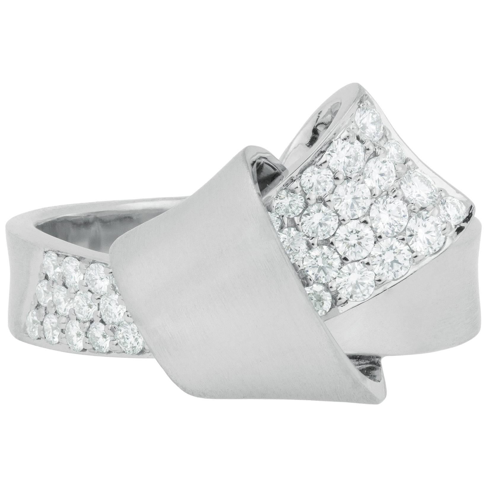 Modern 18K White Gold and .51 Carat Pave Diamond Knot Cocktail Anniversary Ring For Sale