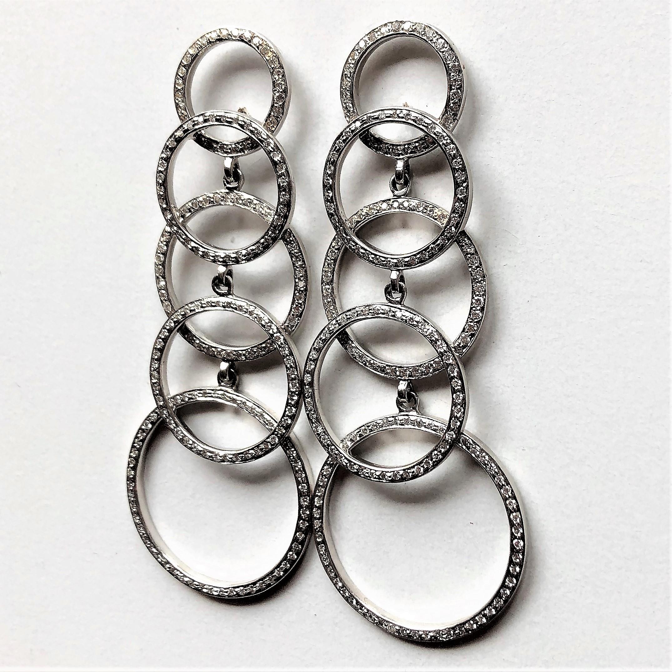 Contemporary Modern 18 Karat White Gold and Diamond Long Stacked Circle Earrings