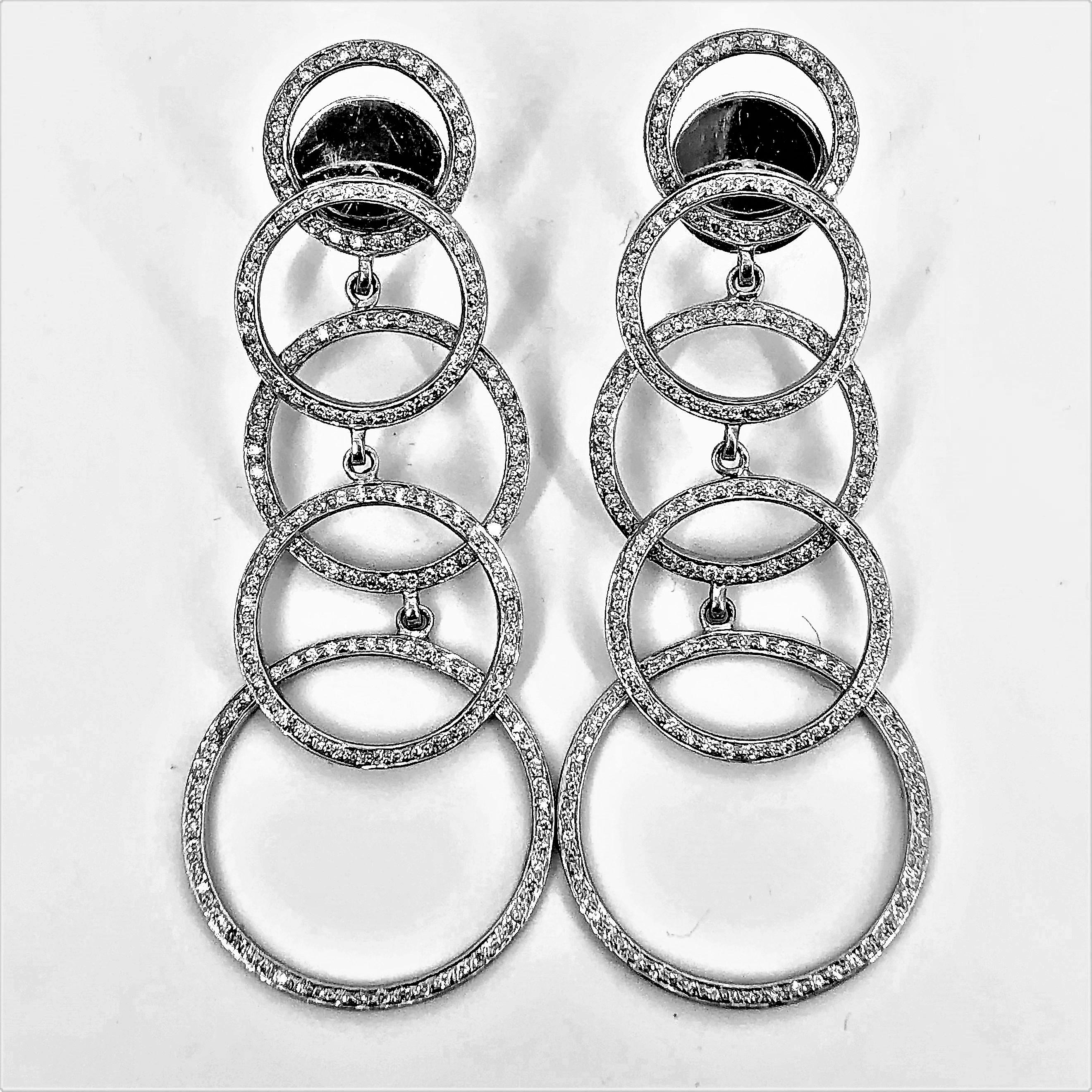 Round Cut Modern 18 Karat White Gold and Diamond Long Stacked Circle Earrings