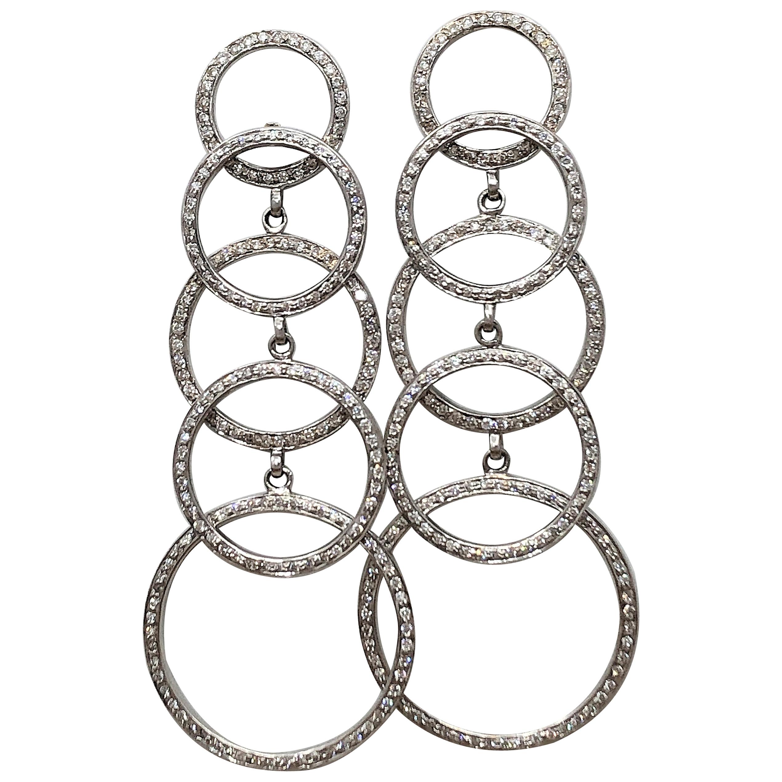 Modern 18 Karat White Gold and Diamond Long Stacked Circle Earrings