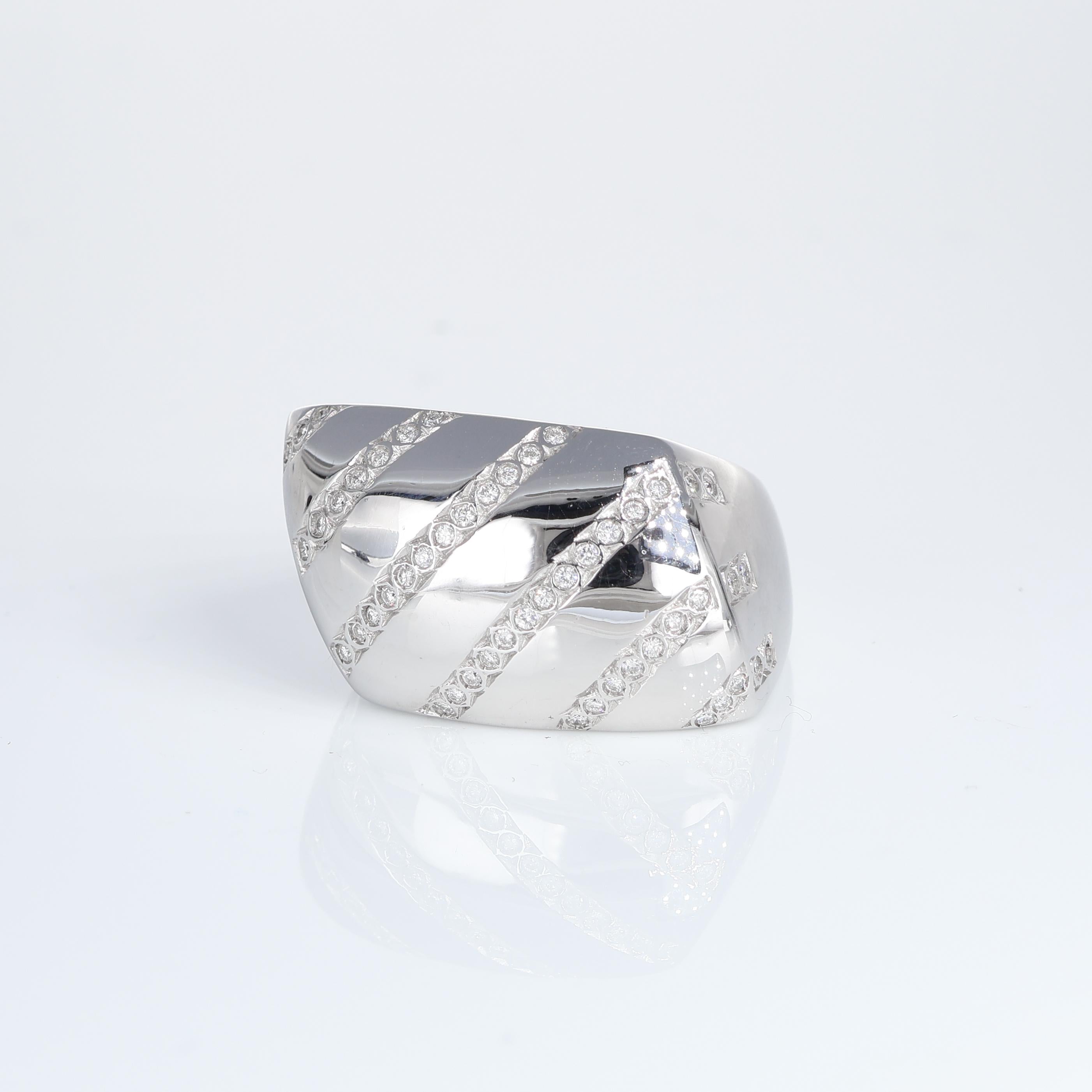 IMPORTANT NOTE:
✔ No additional costs will be added to this order.
✔ Shipping and customs duties are fully covered by us.
--------------------
Sophisticated and modern, this 18k white gold ring showcases a bold design accentuated by diagonal diamond