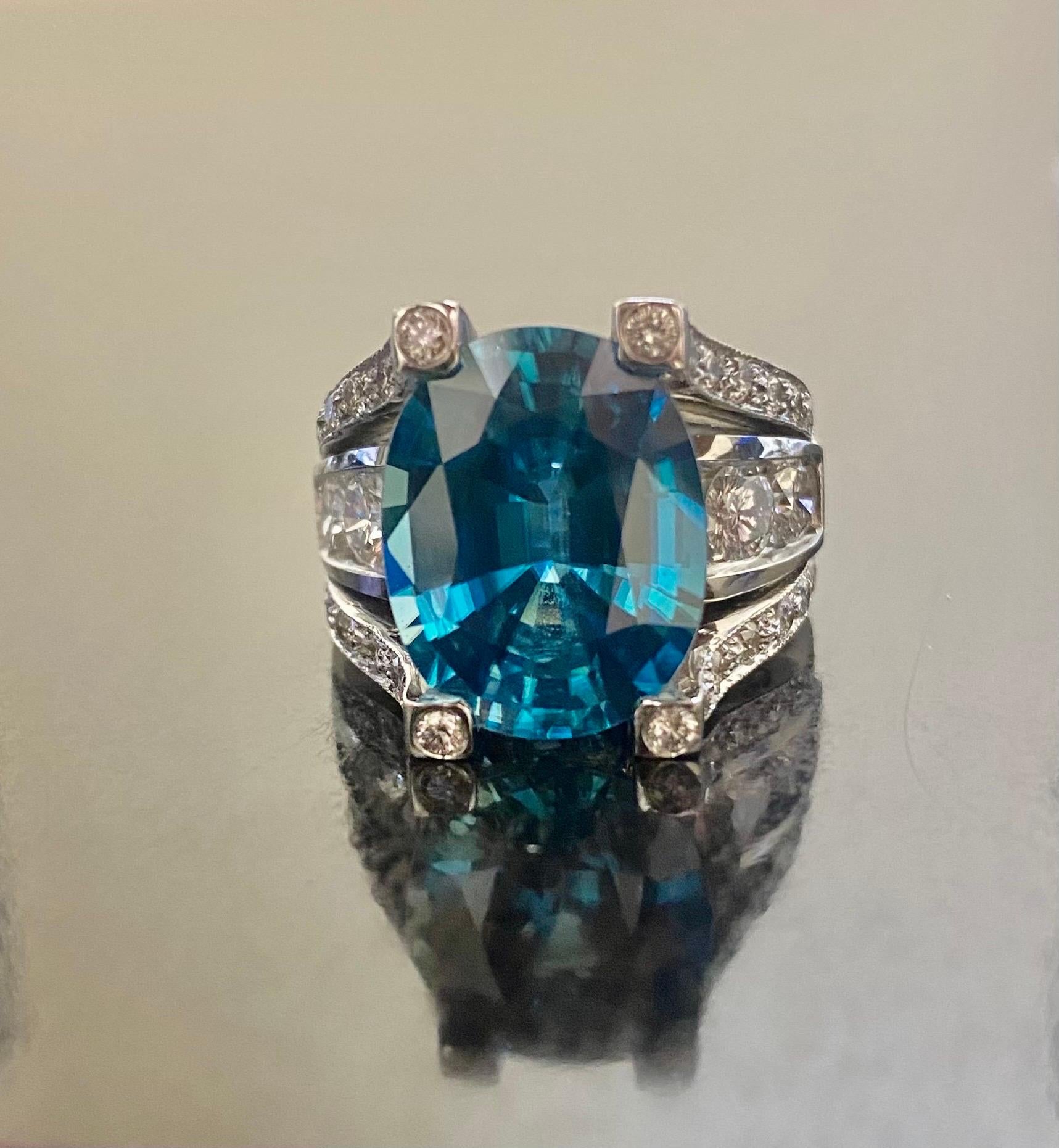 Modern 18K White Gold Diamond 14 Carat Blue Zircon Engagement Ring For Sale 5