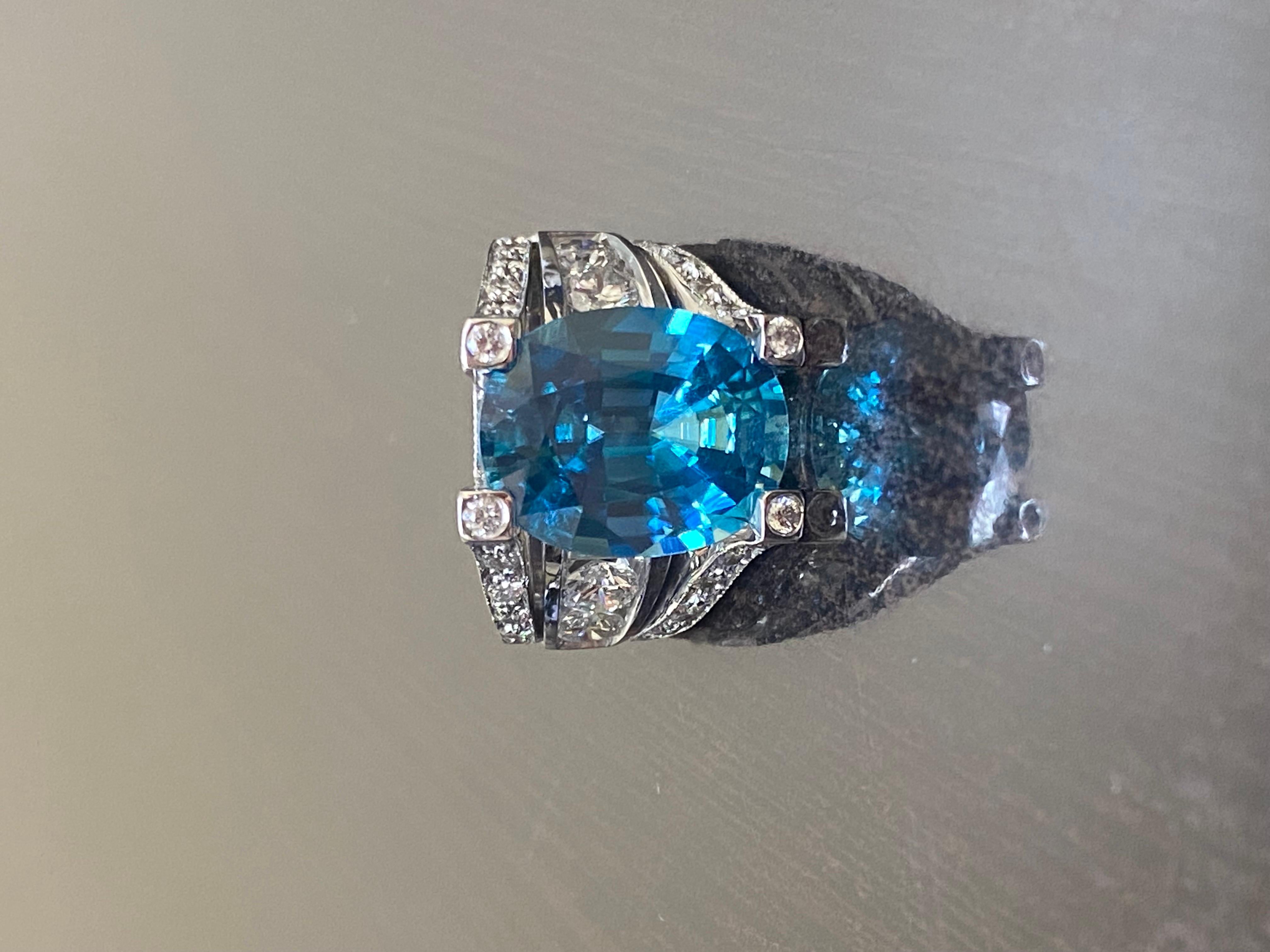 Modern 18K White Gold Diamond 14 Carat Blue Zircon Engagement Ring For Sale 6