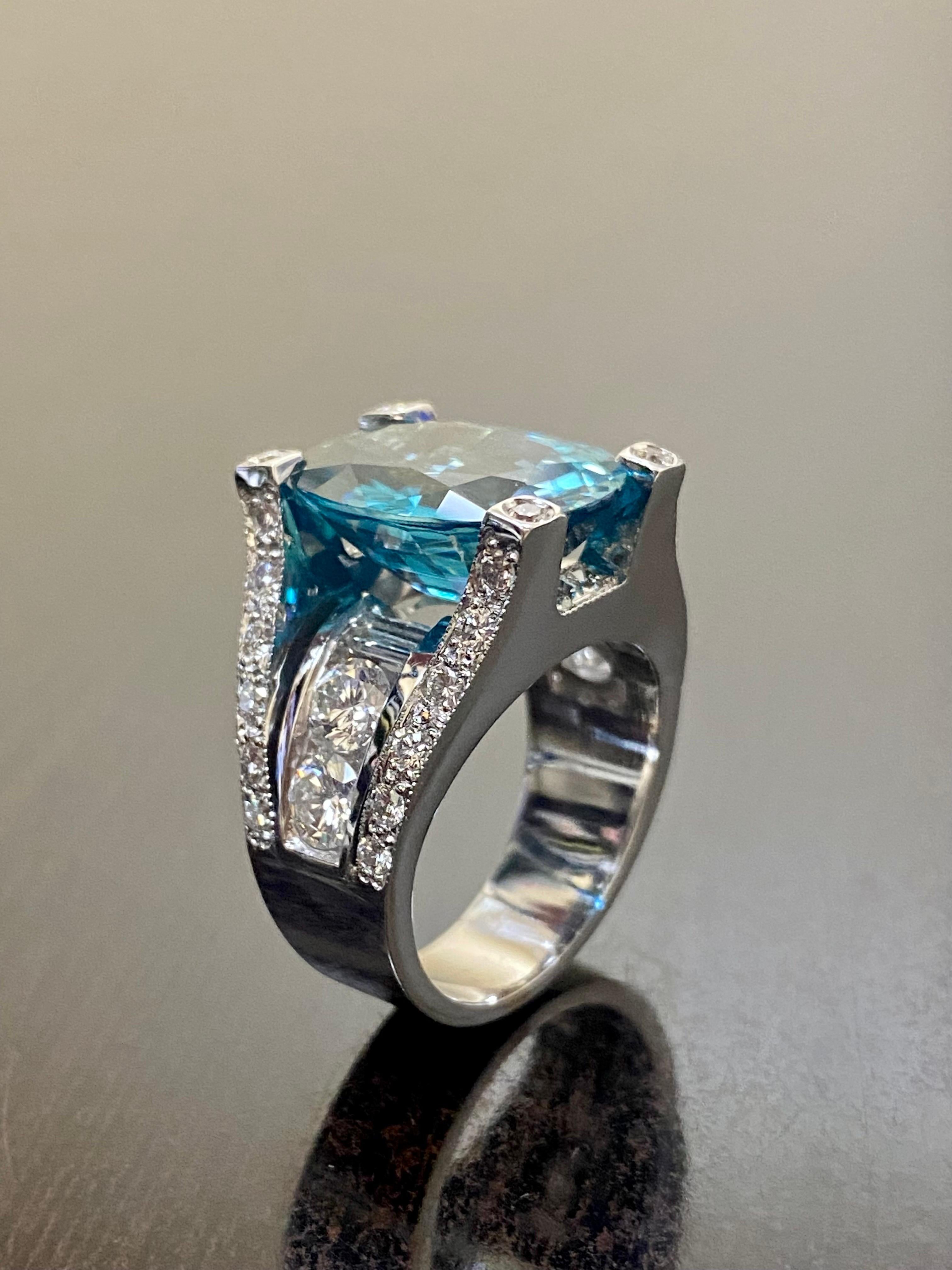 Oval Cut Modern 18K White Gold Diamond 14 Carat Blue Zircon Engagement Ring For Sale