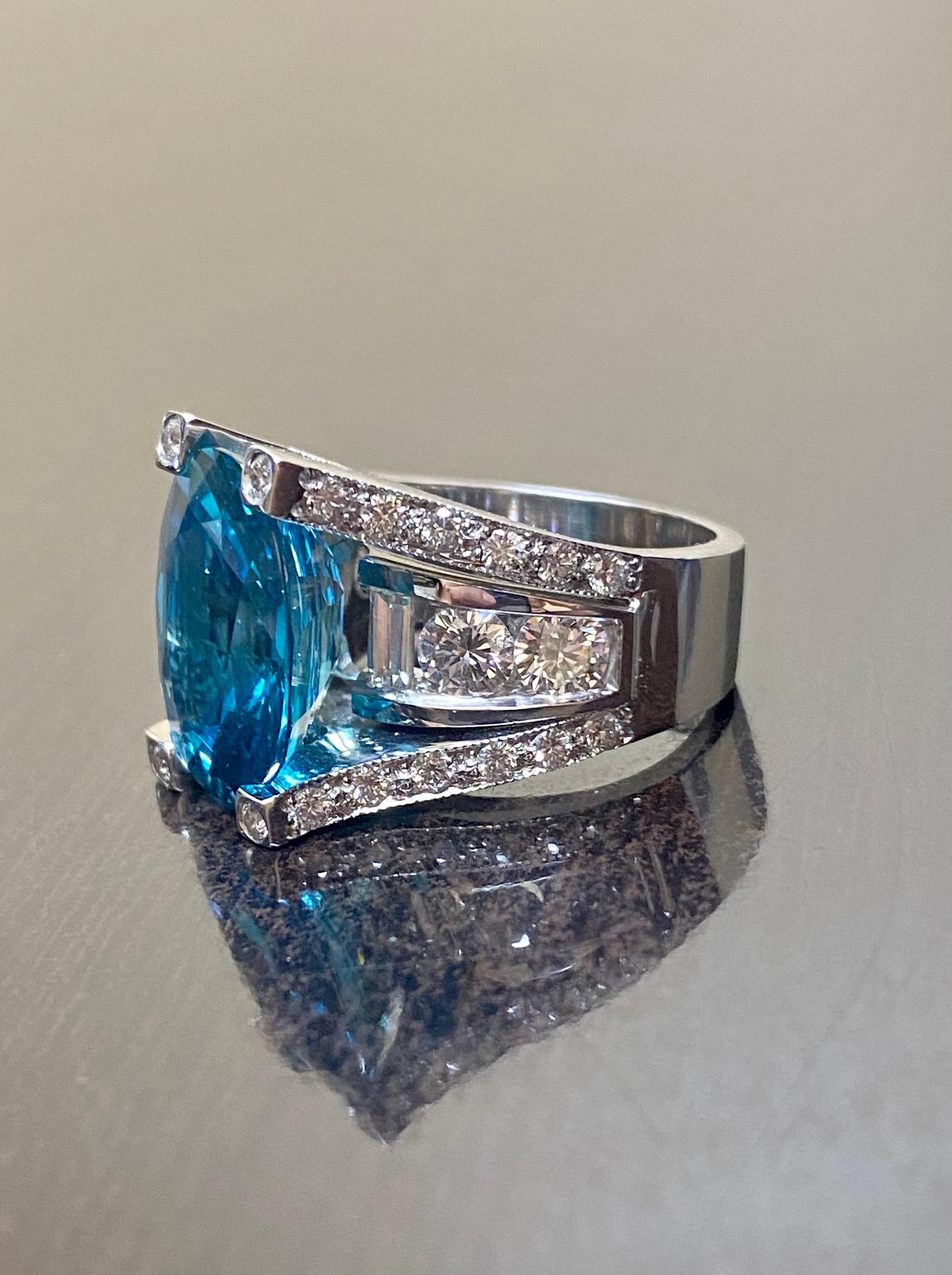 Modern 18K White Gold Diamond 14 Carat Blue Zircon Engagement Ring In New Condition For Sale In Los Angeles, CA