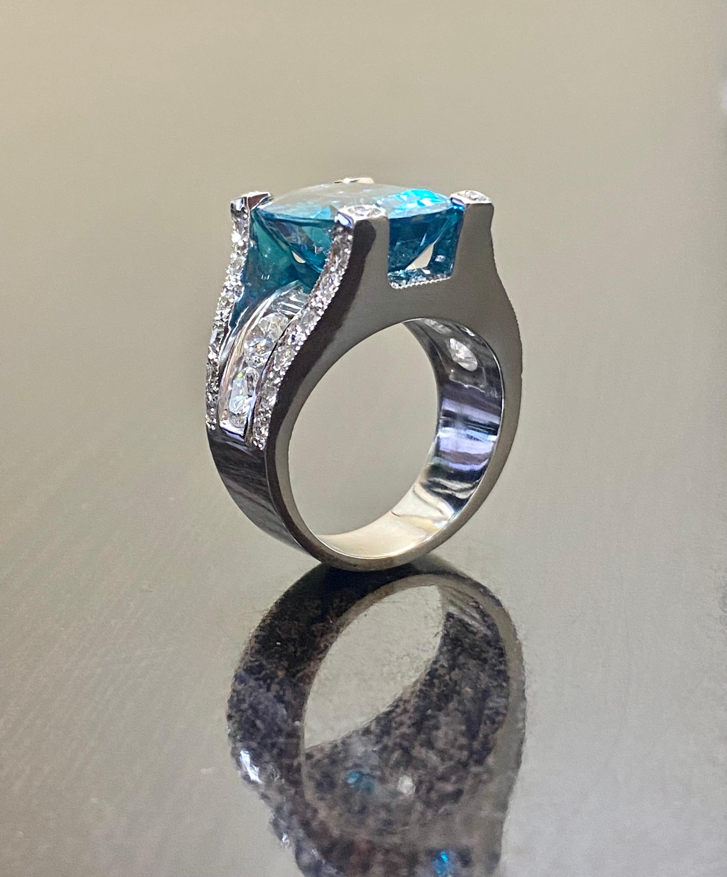 Women's Modern 18K White Gold Diamond 14 Carat Blue Zircon Engagement Ring For Sale