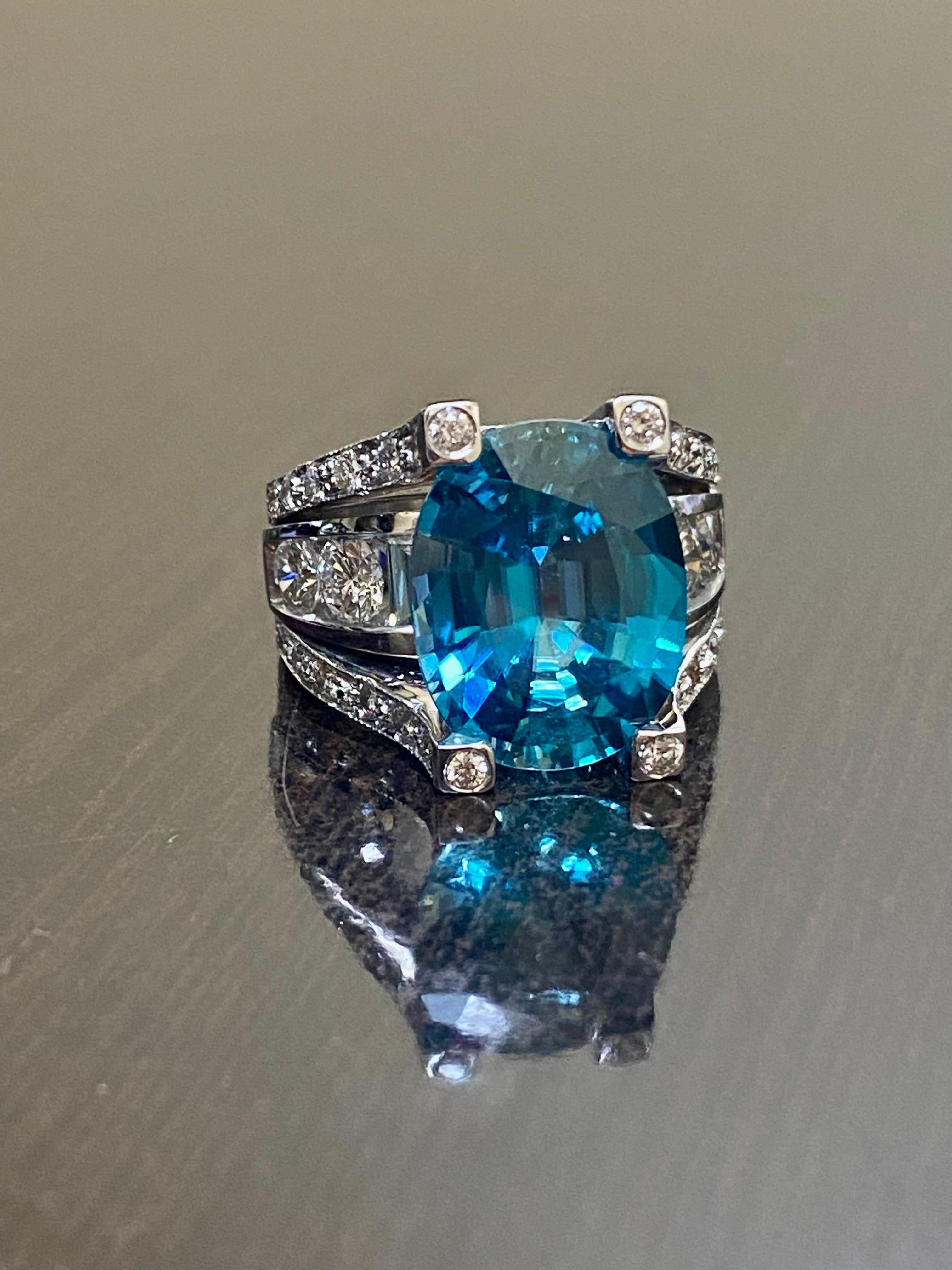 Modern 18K White Gold Diamond 14 Carat Blue Zircon Engagement Ring For Sale 3