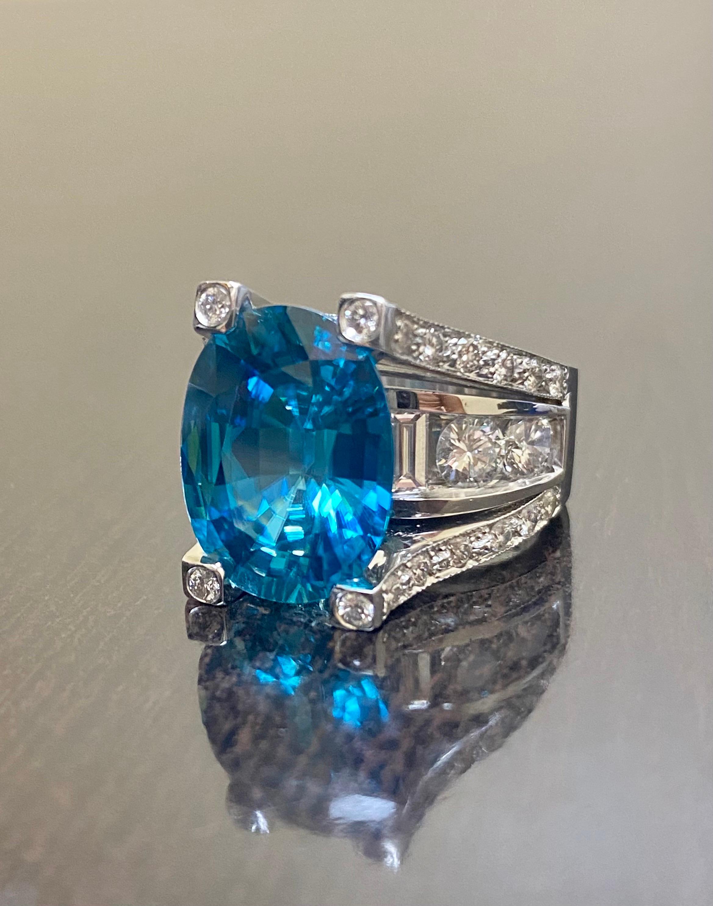 Modern 18K White Gold Diamond 14 Carat Blue Zircon Engagement Ring For Sale 4