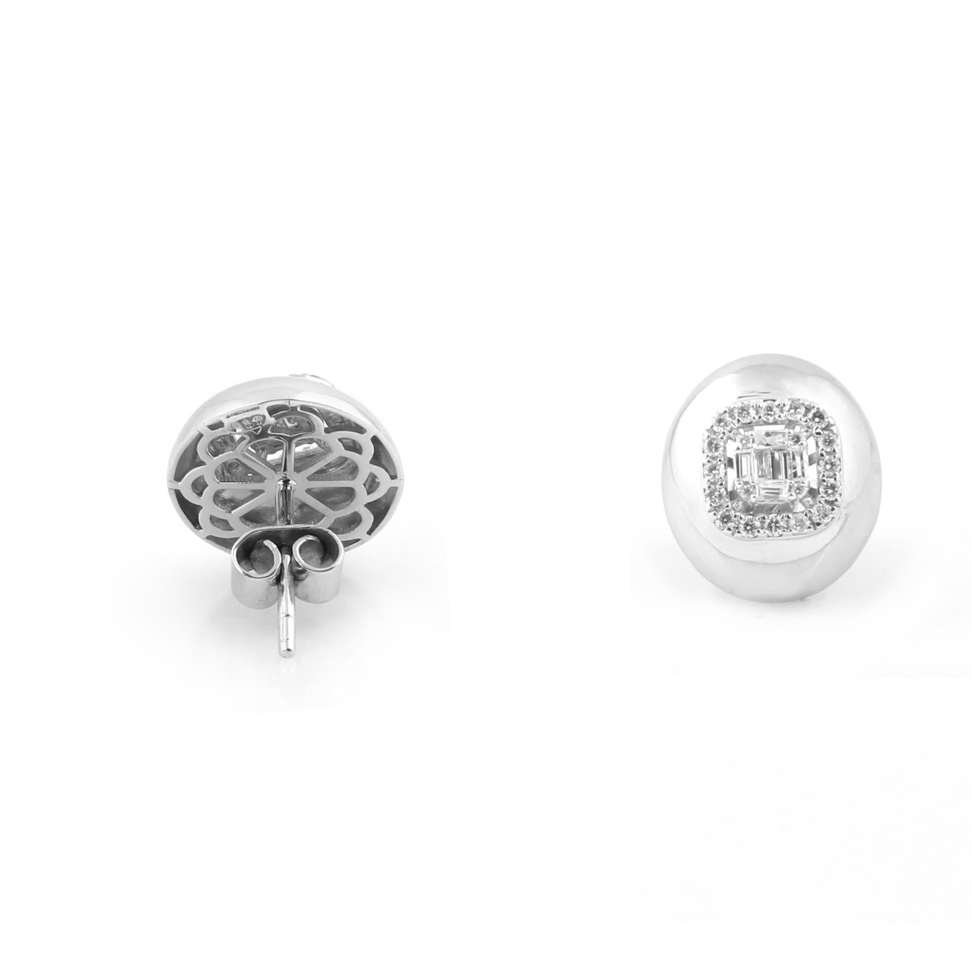 Mixed Cut Modern 18k White Gold Dome Stud Earrings with SI Clarity H Color Diamonds For Sale