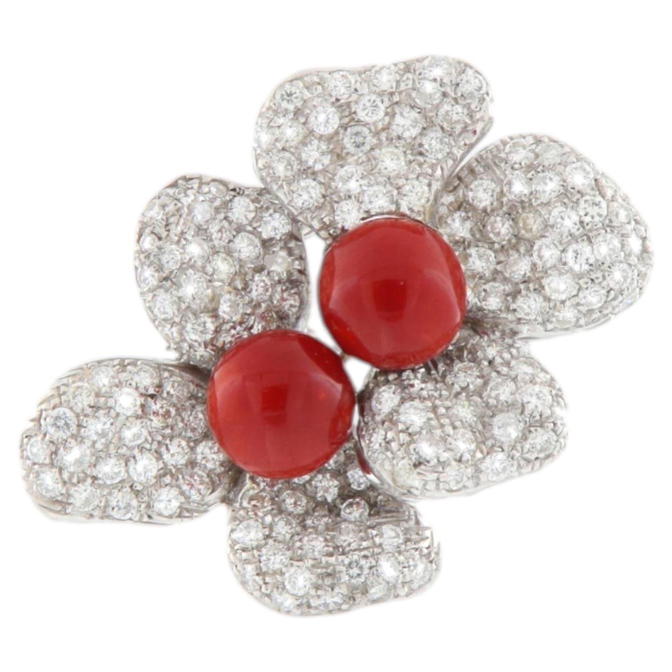 Modern 18K White Gold Natural Diamond & Red Coral Statement Cocktail Ring