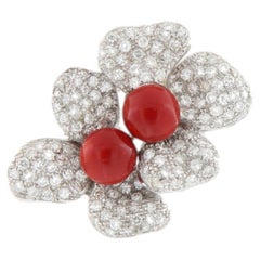 Modern 18K White Gold Natural Diamond & Red Coral Statement Cocktail Ring