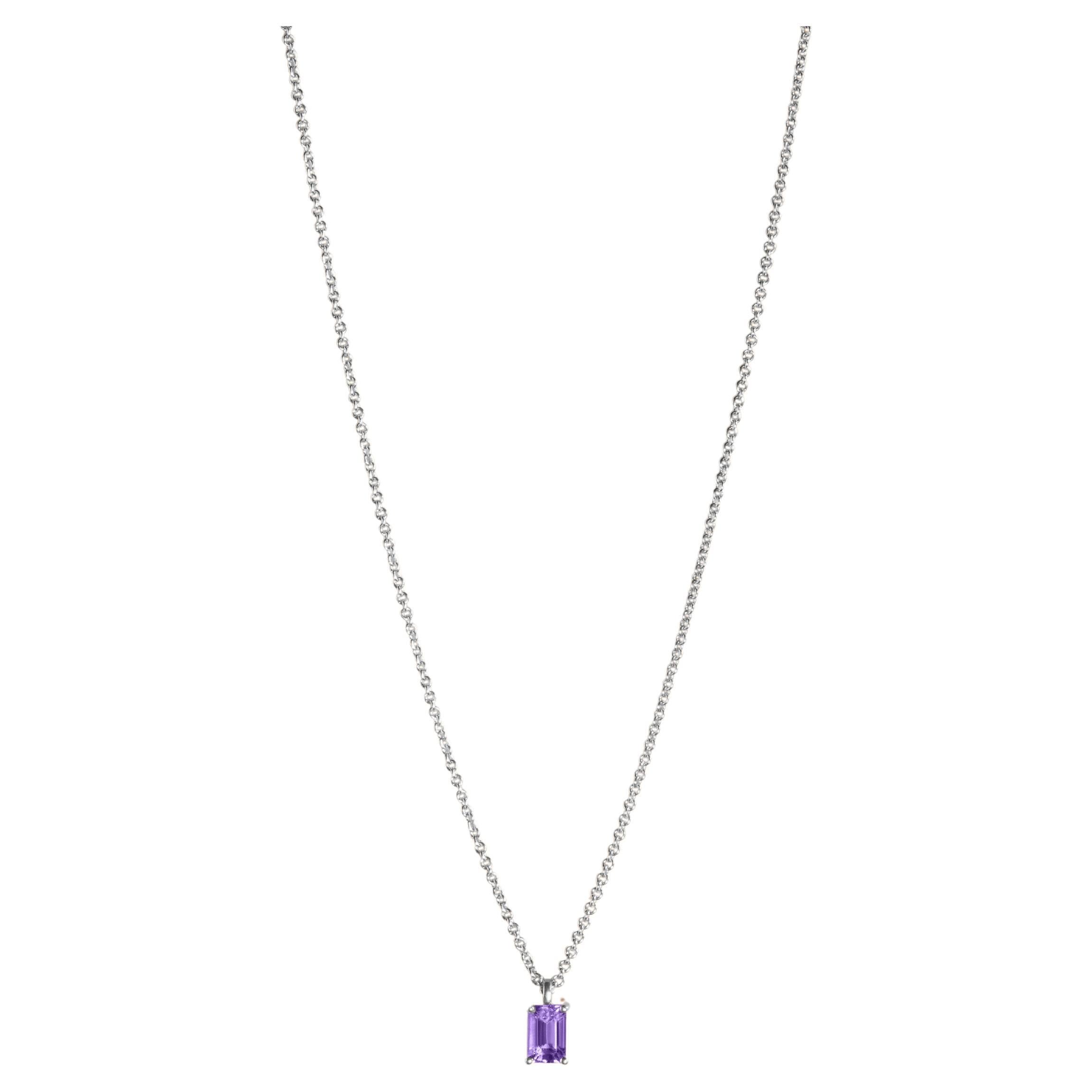Modern 18k white gold necklace with a emerald-cut Amethyst For Sale