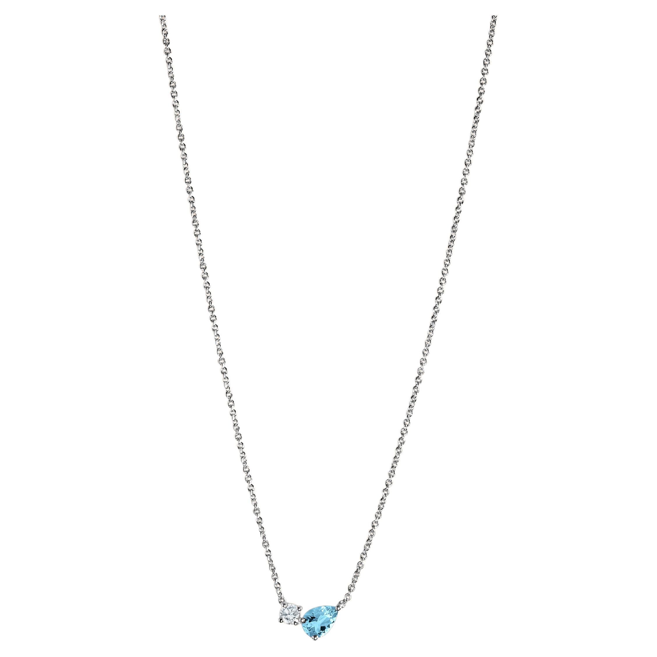 Modern 18k white gold necklace with a pear-cut aquamarine and round diamond For Sale