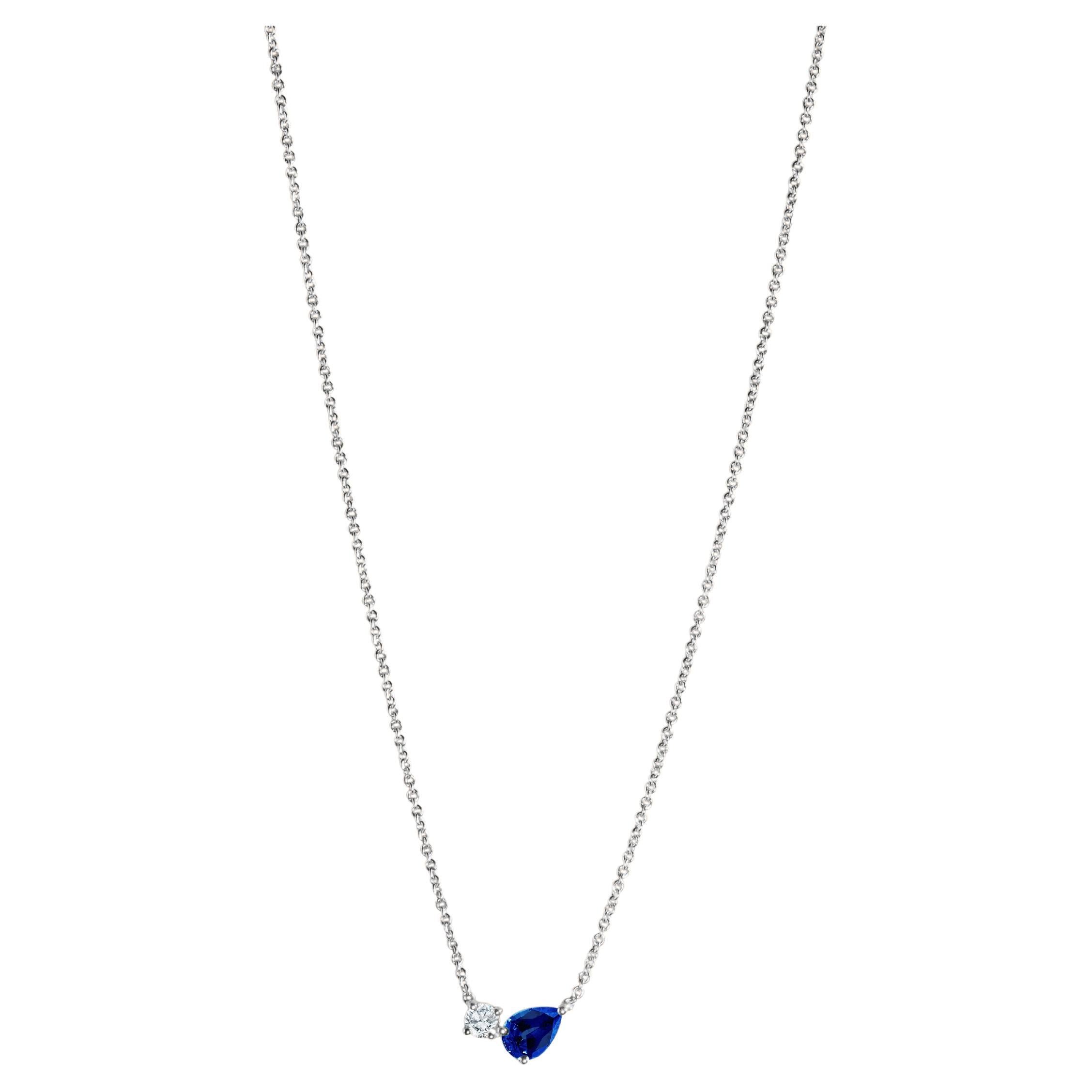 For Sale:  Modern 18k white gold necklace with a pear-cut blue Sapphire and a round diamond