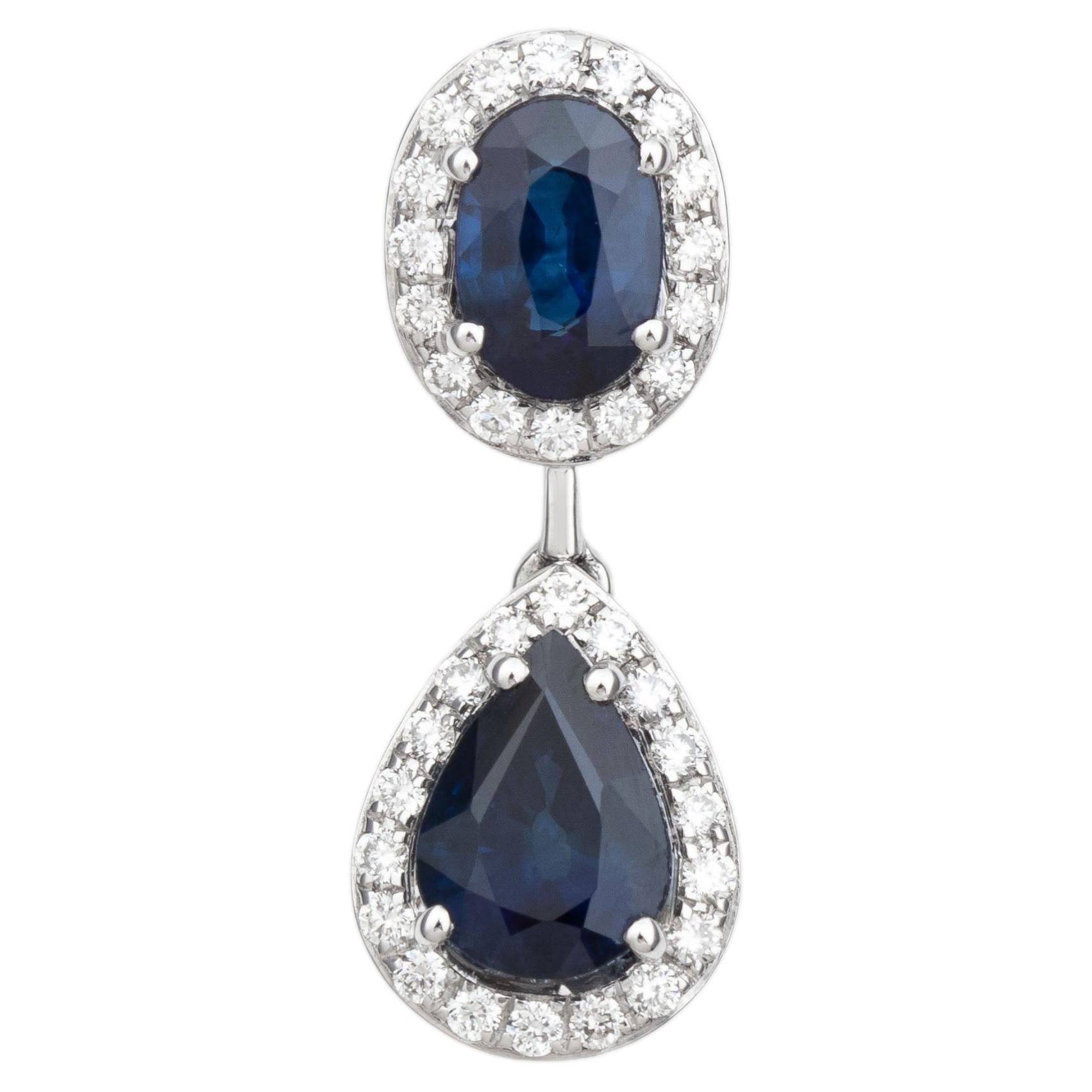 Modern 18k White Gold Oval & Pear Sapphire with Diamond Double Halo Drop Pendant For Sale