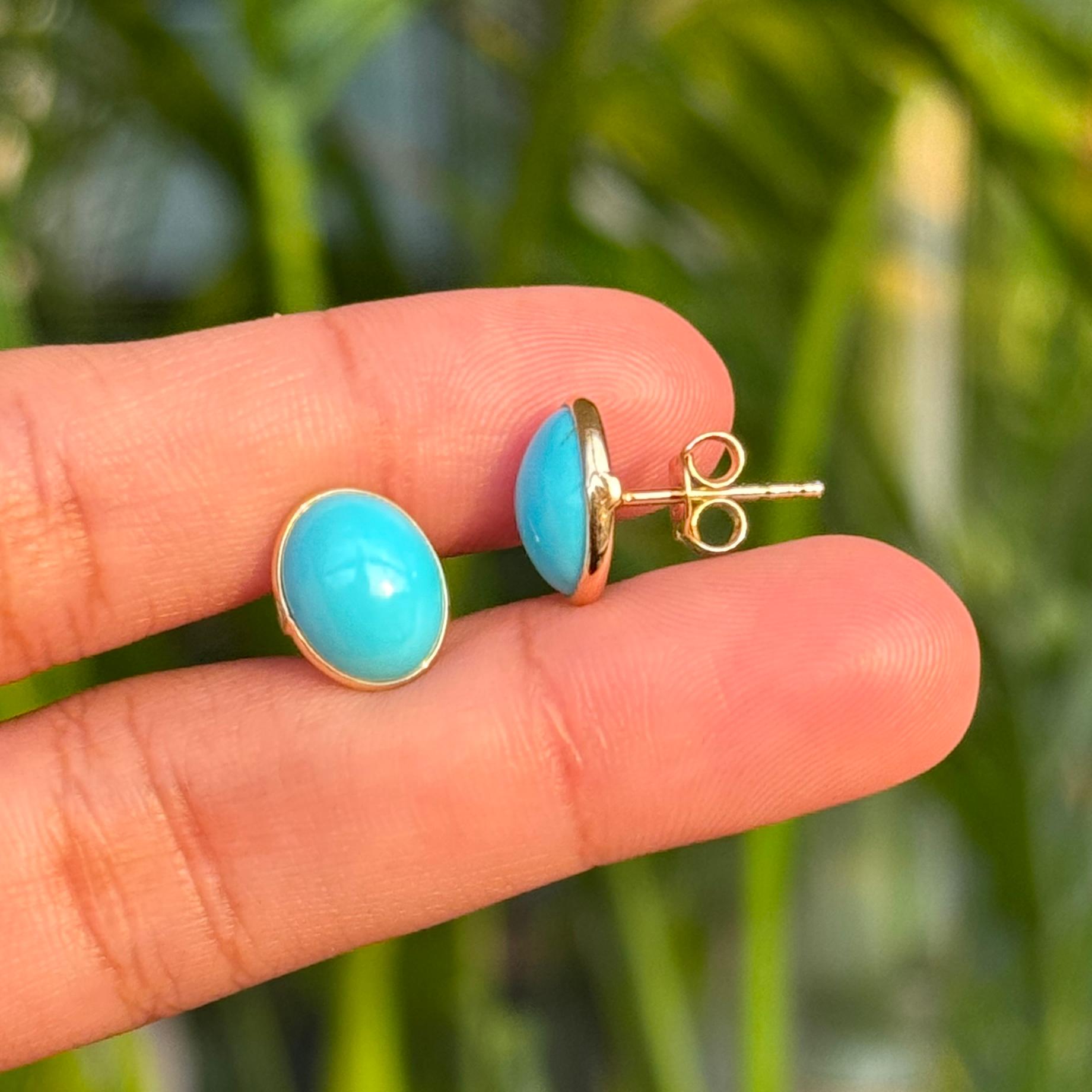 Boucles d'oreilles modernes en or jaune 18 carats serties de turquoise ovale pour femmes en vente 5