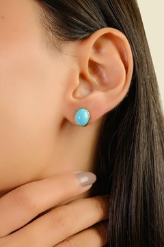 Modern 18K Yellow Gold 1 Carat Oval Turquoise Bezel Set Stud Earrings for Women