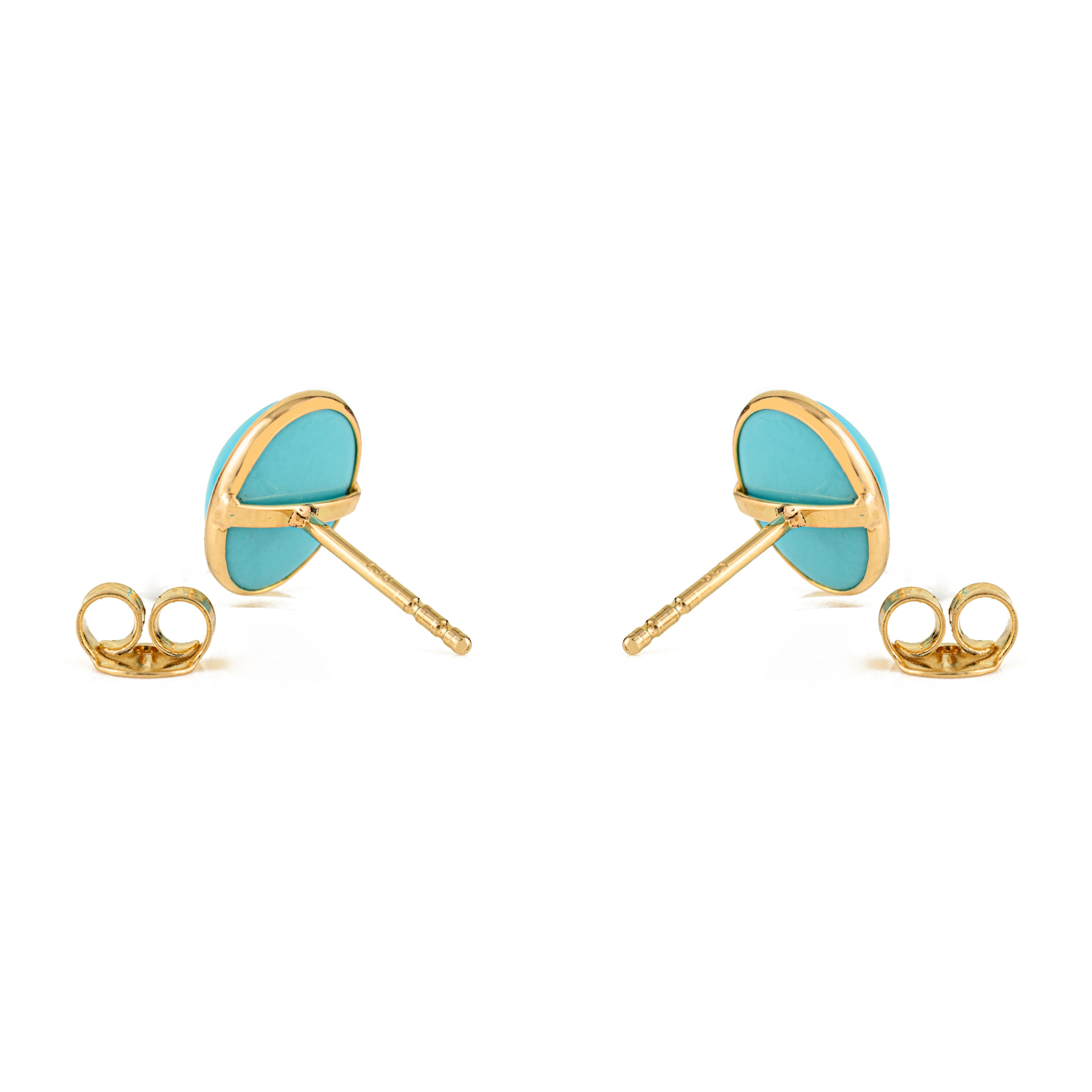 Boucles d'oreilles modernes en or jaune 18 carats serties de turquoise ovale pour femmes Neuf - En vente à New York, NY