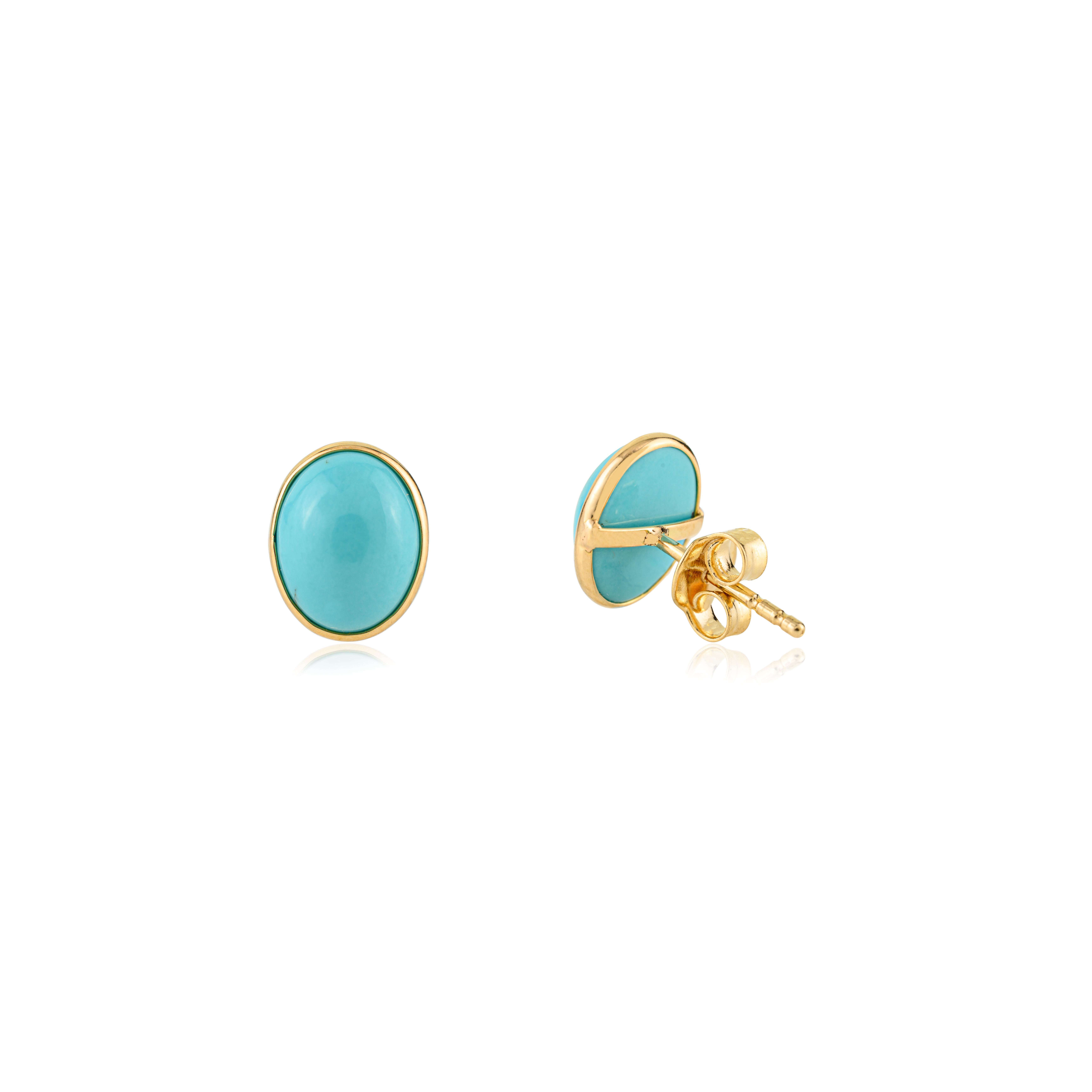 Boucles d'oreilles modernes en or jaune 18 carats serties de turquoise ovale pour femmes en vente 1