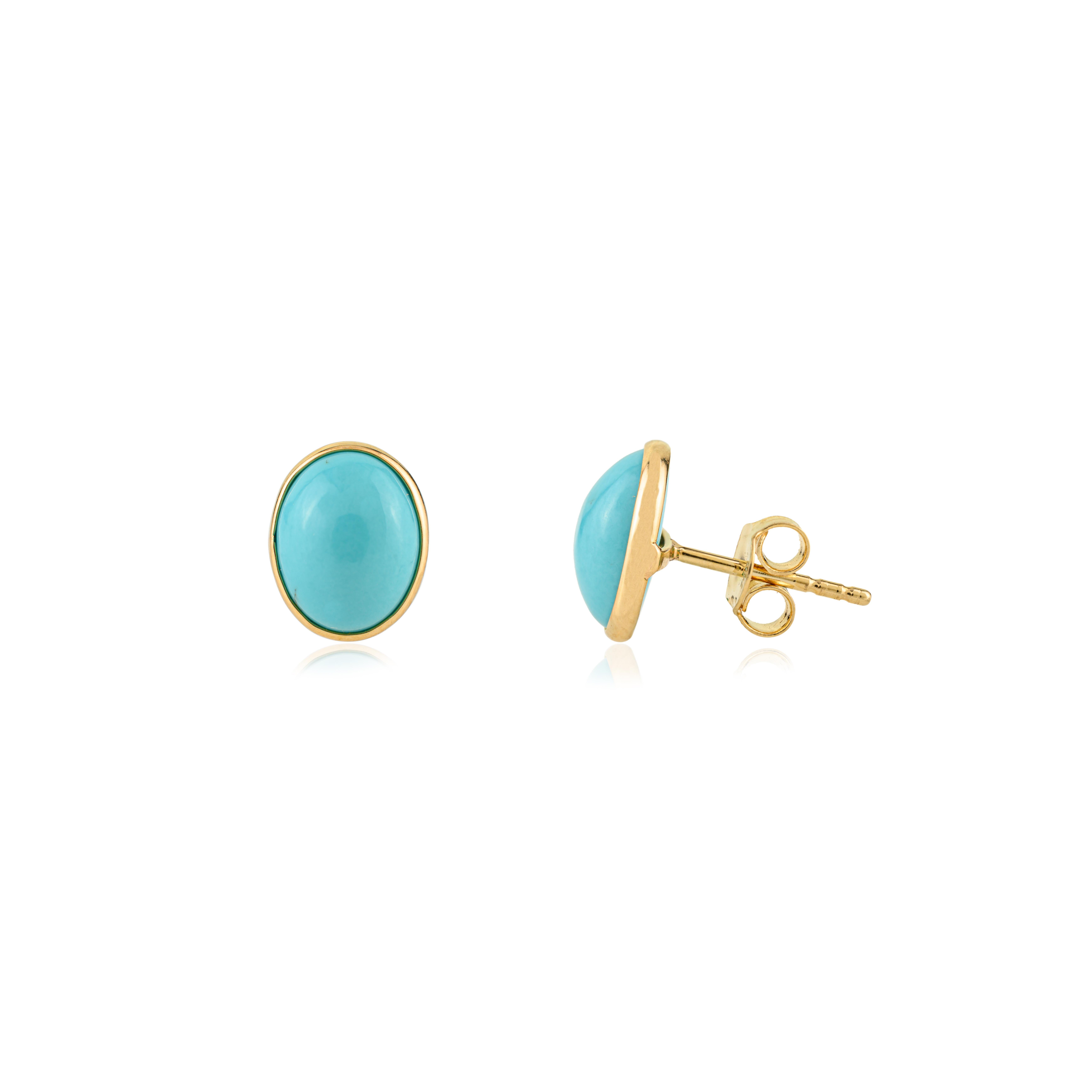 Boucles d'oreilles modernes en or jaune 18 carats serties de turquoise ovale pour femmes en vente 3
