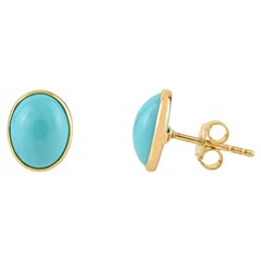 Orecchini moderni da donna in oro giallo 18K con castone in turchese ovale da 1 carato