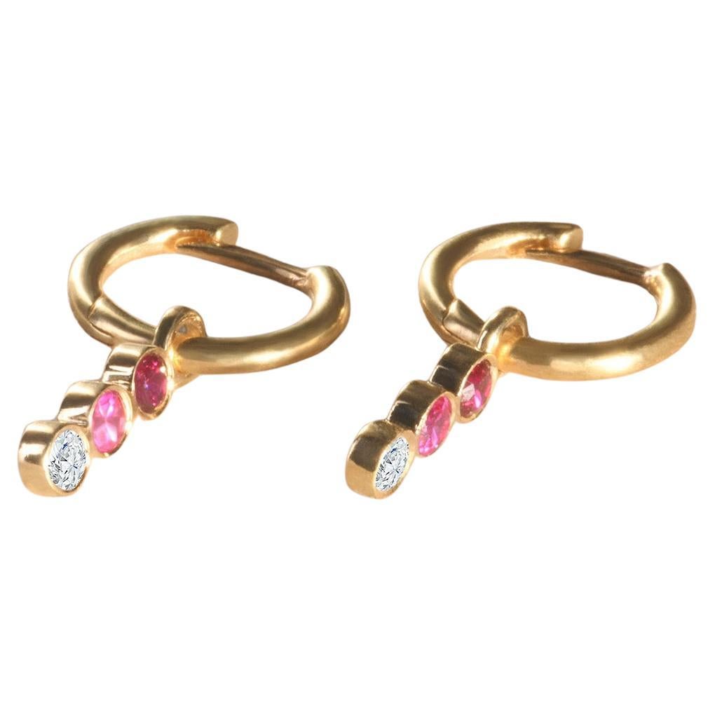 Modern 18k yellow gold earrings with round tourmaline rosa and round diamond