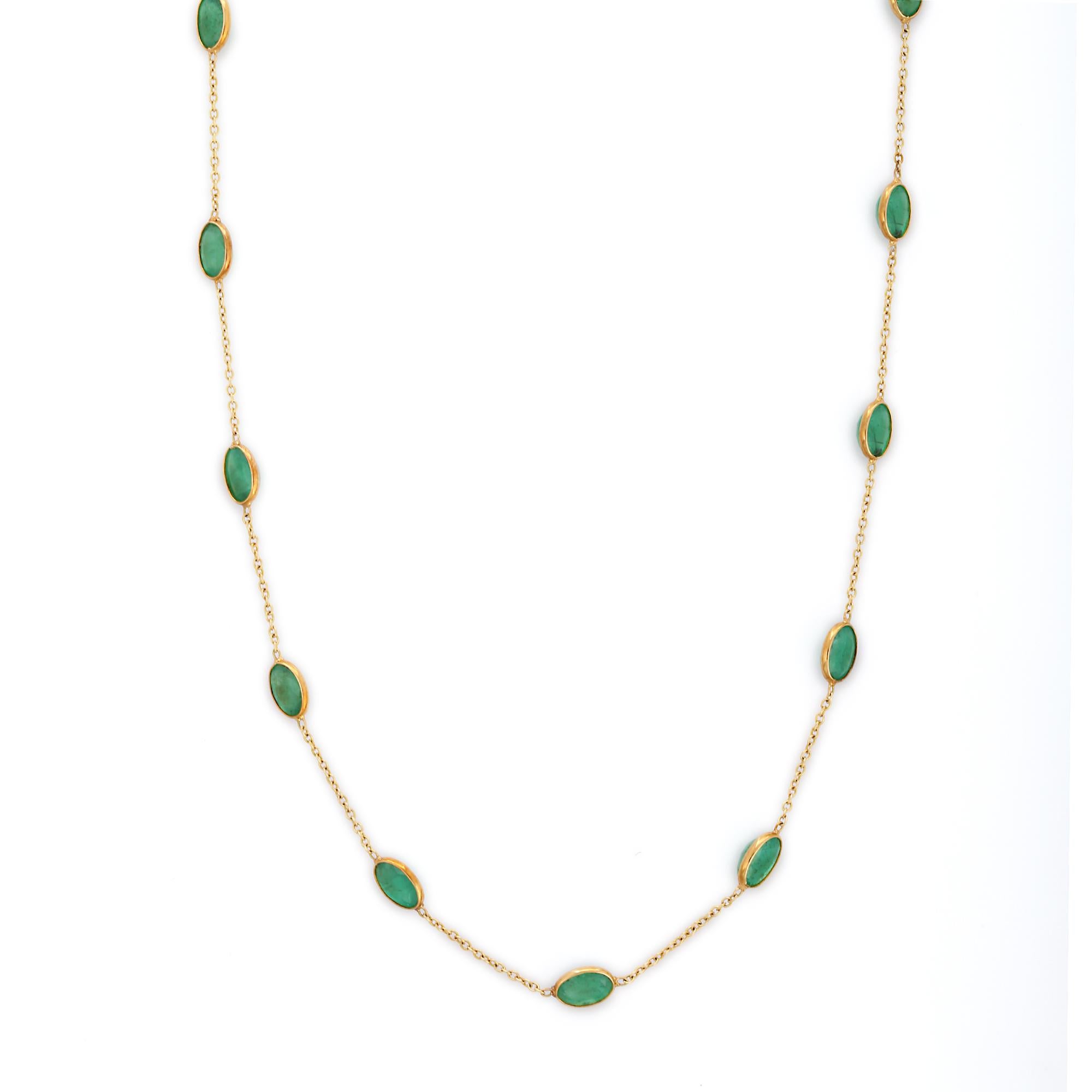 Emerald Chain Necklace in 18K Gold studded with oval cut emerald gemstones. Lightweight and gorgeous, this is a great bridesmaid, wedding or christmas gift for anyone on your list.
Accessorize your look with this elegant emerald chain necklace. This