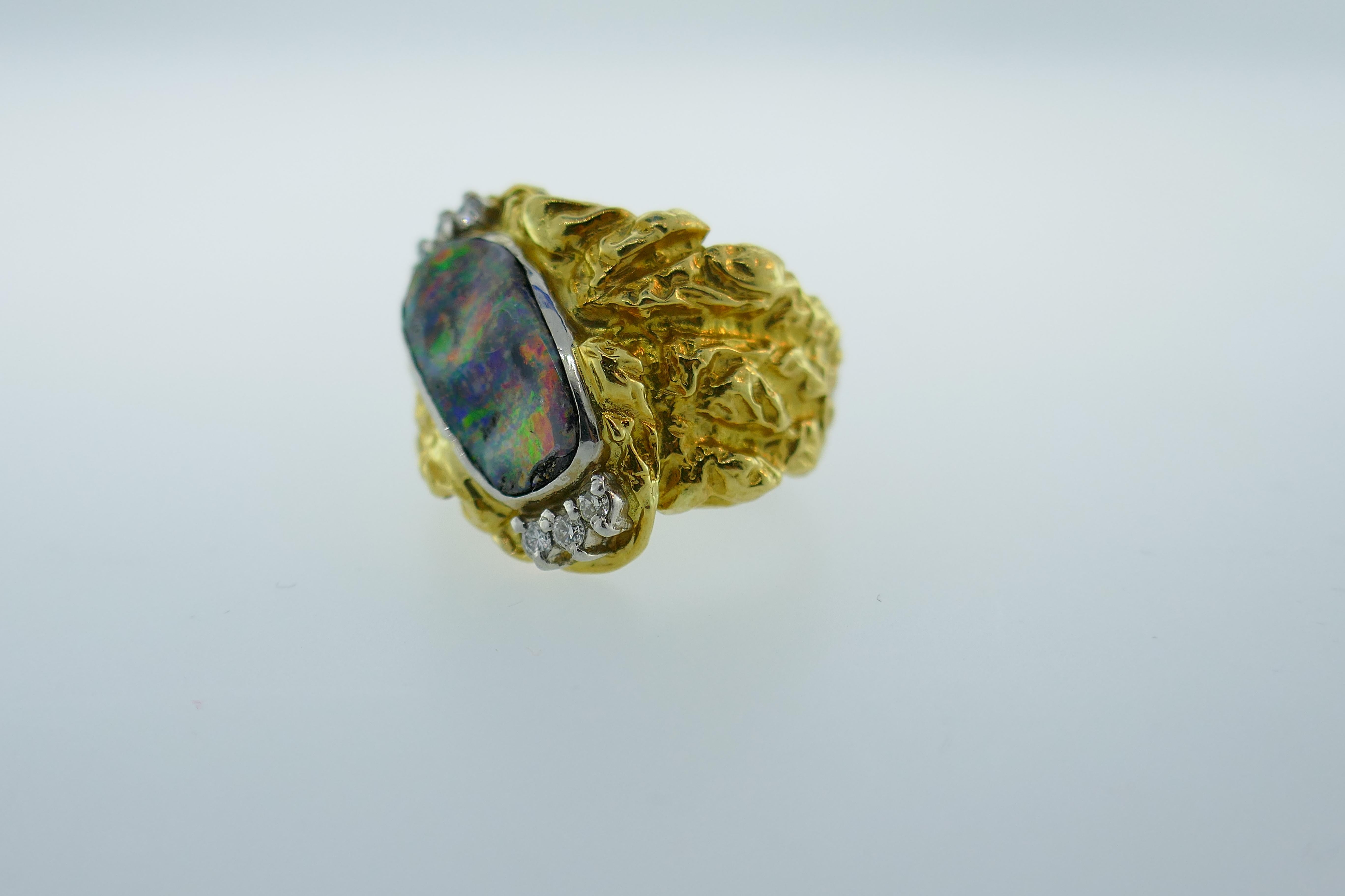 Modern 18 Karat Gold, Platinum, Diamond and Boulder Opal Ring, circa 1990s For Sale 1