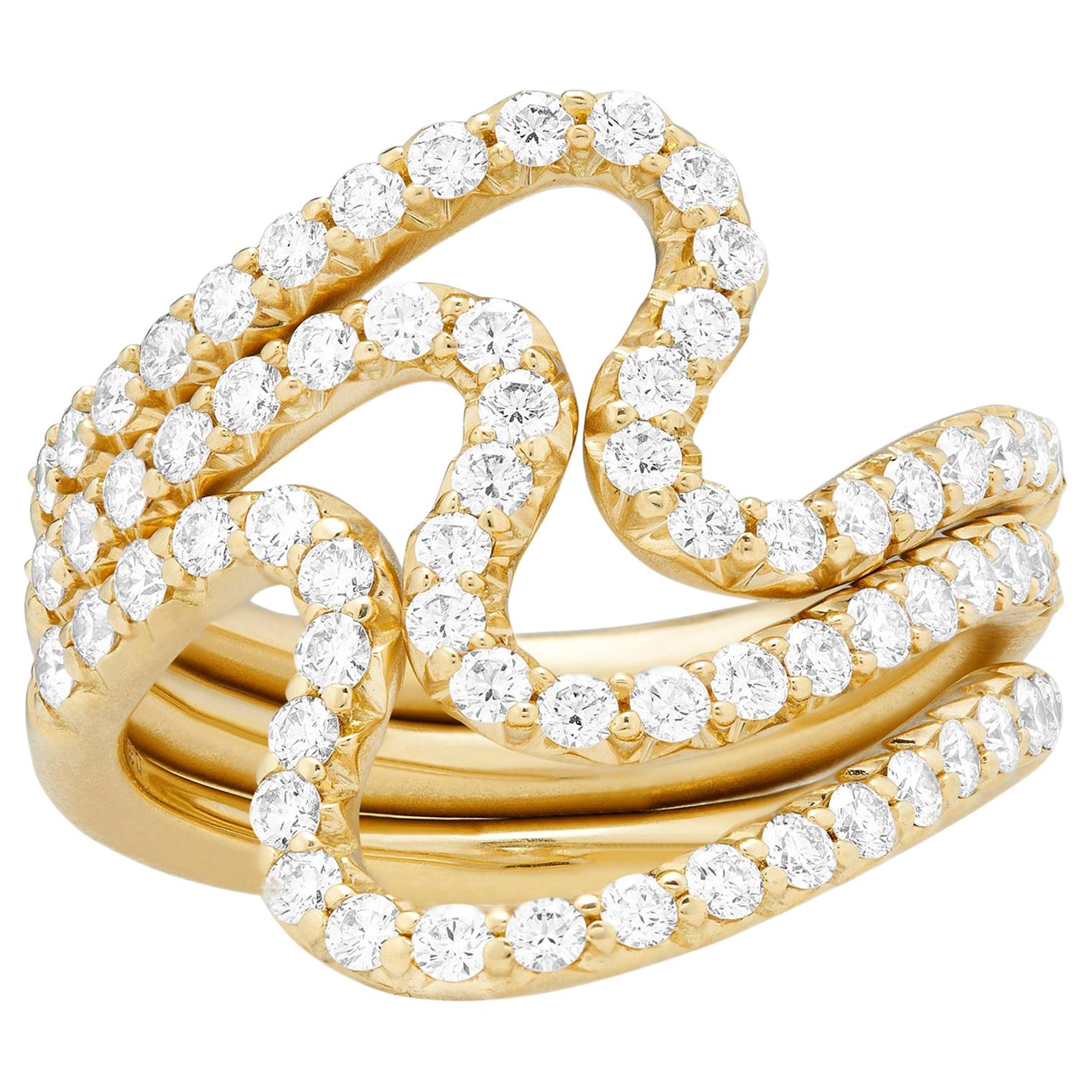 Modern 18K YG and 1.05 Ct Diamond Carelle Brushstroke 3 Band Stacking Ring Set For Sale