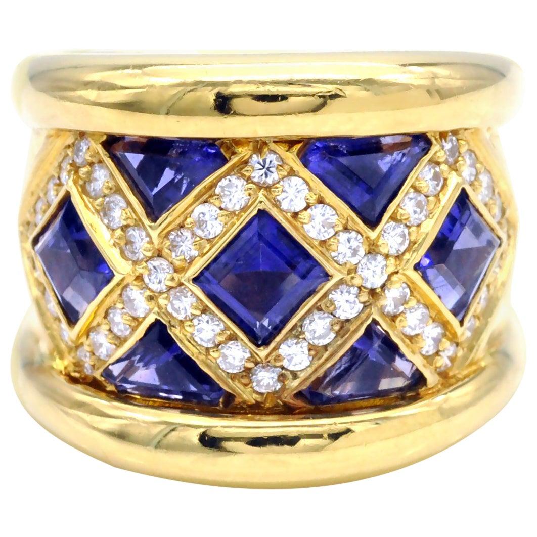 Modern 18 Karat Gold Diamond and Iolite Ring For Sale