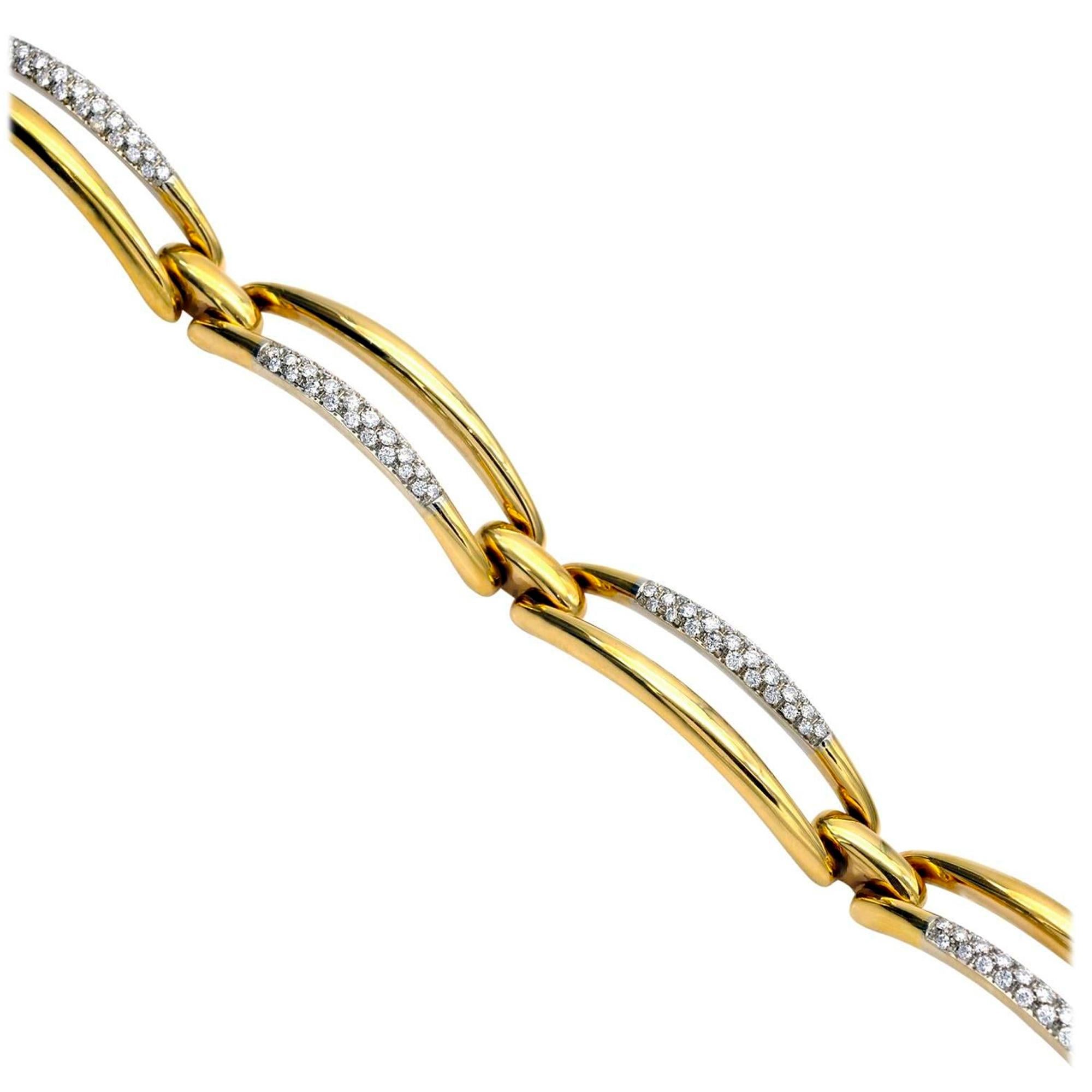 Modern 18KT Yellow Gold and Diamond Link Bracelet, Circa 1975, Italy