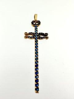Modern 18kt Yellow Gold Spanish Cross with Blue Zircons and Crescents Endings