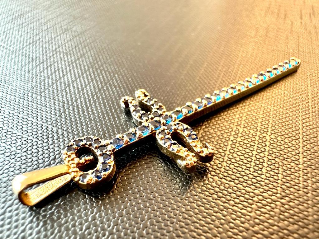 Brilliant Cut Modern 18kt Yellow Gold Spanish Cross with Blue Zircons and Crescents Endings  For Sale