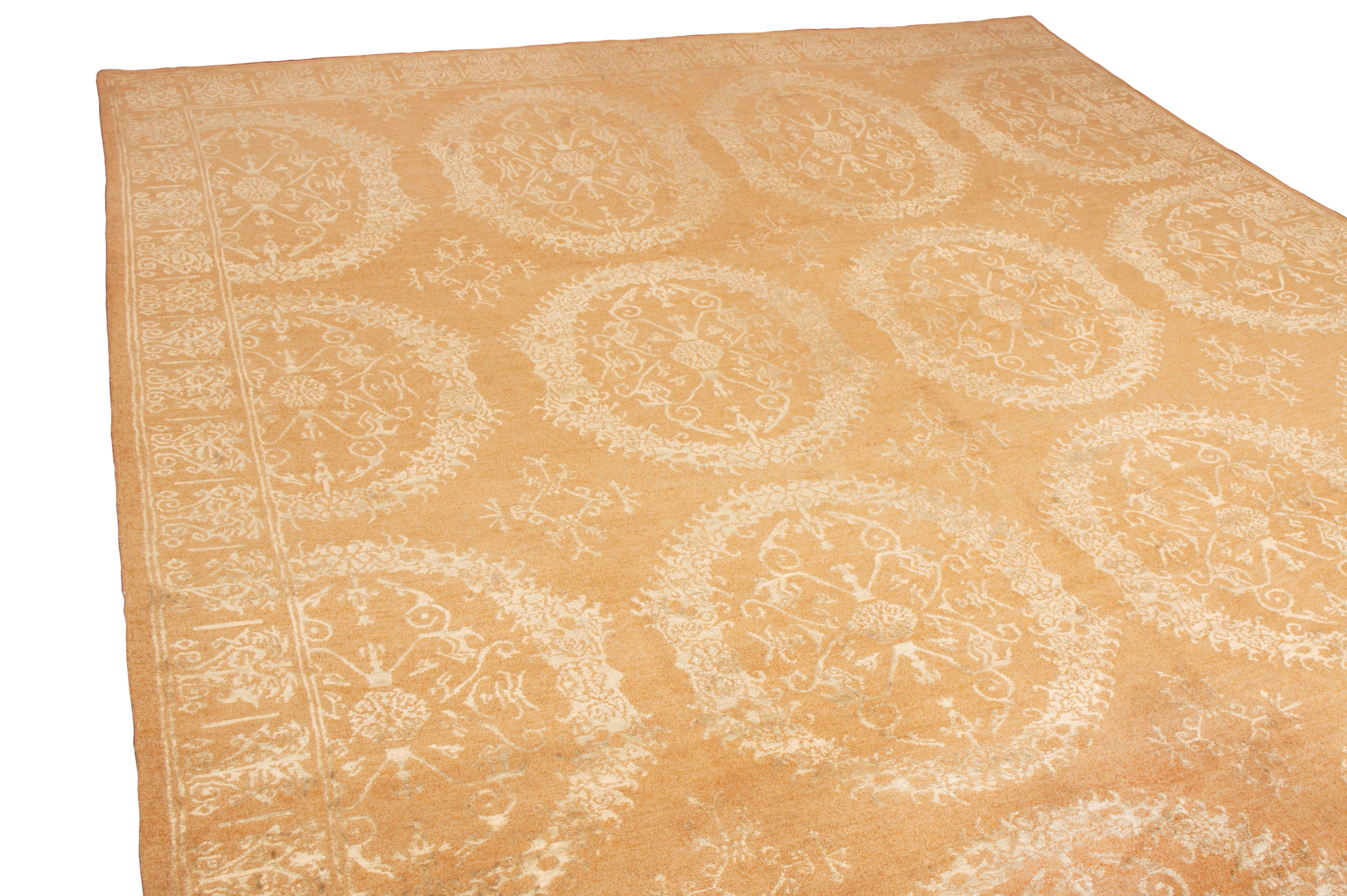 Nepalese Rug & Kilim's Modern 18th Century Inspired Transitional Gold Wool-Silk Rug For Sale