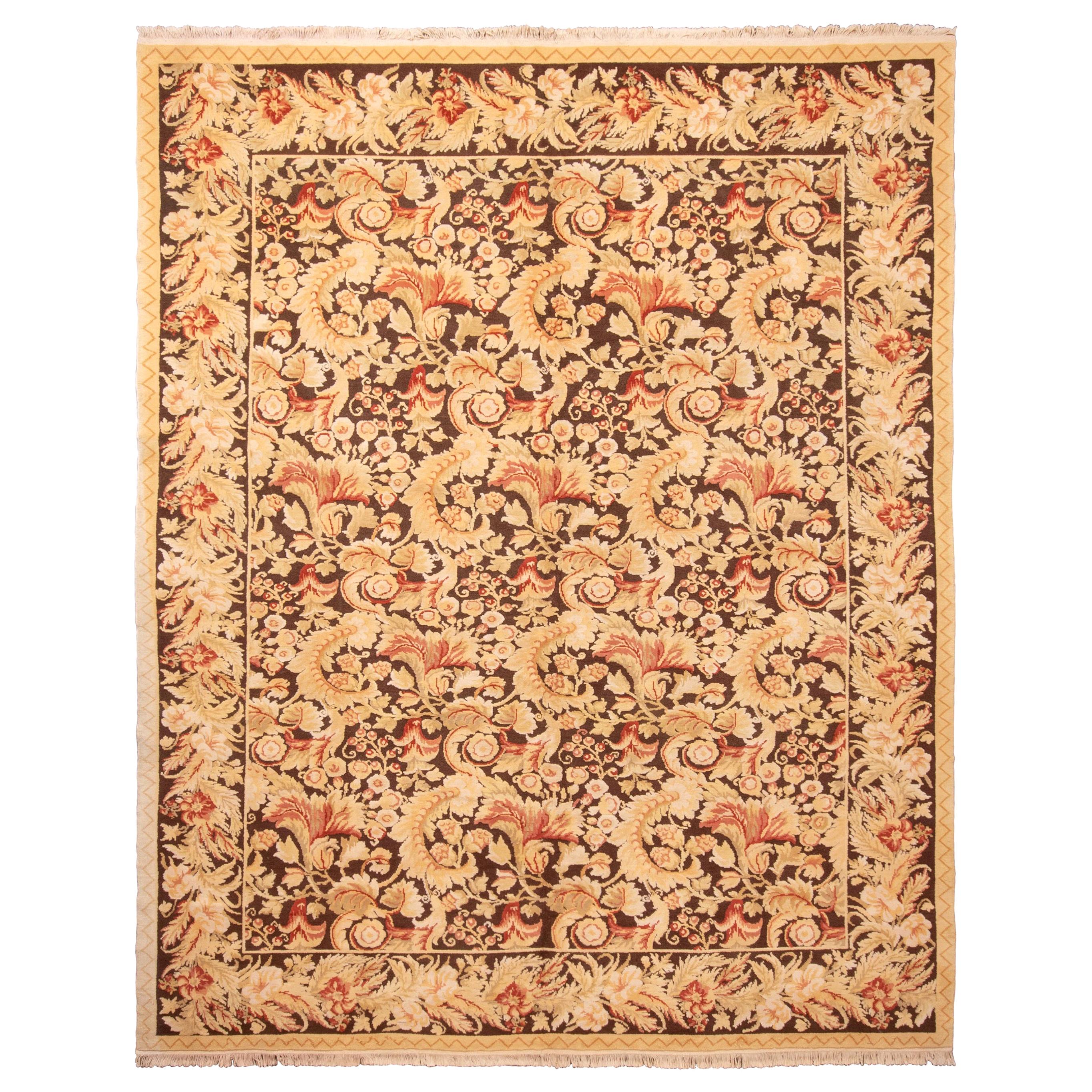Moderner Teppich & Kelim-Wollteppich im 18. Jahrhundert-Stil in Braun und Beige mit Blumenmuster