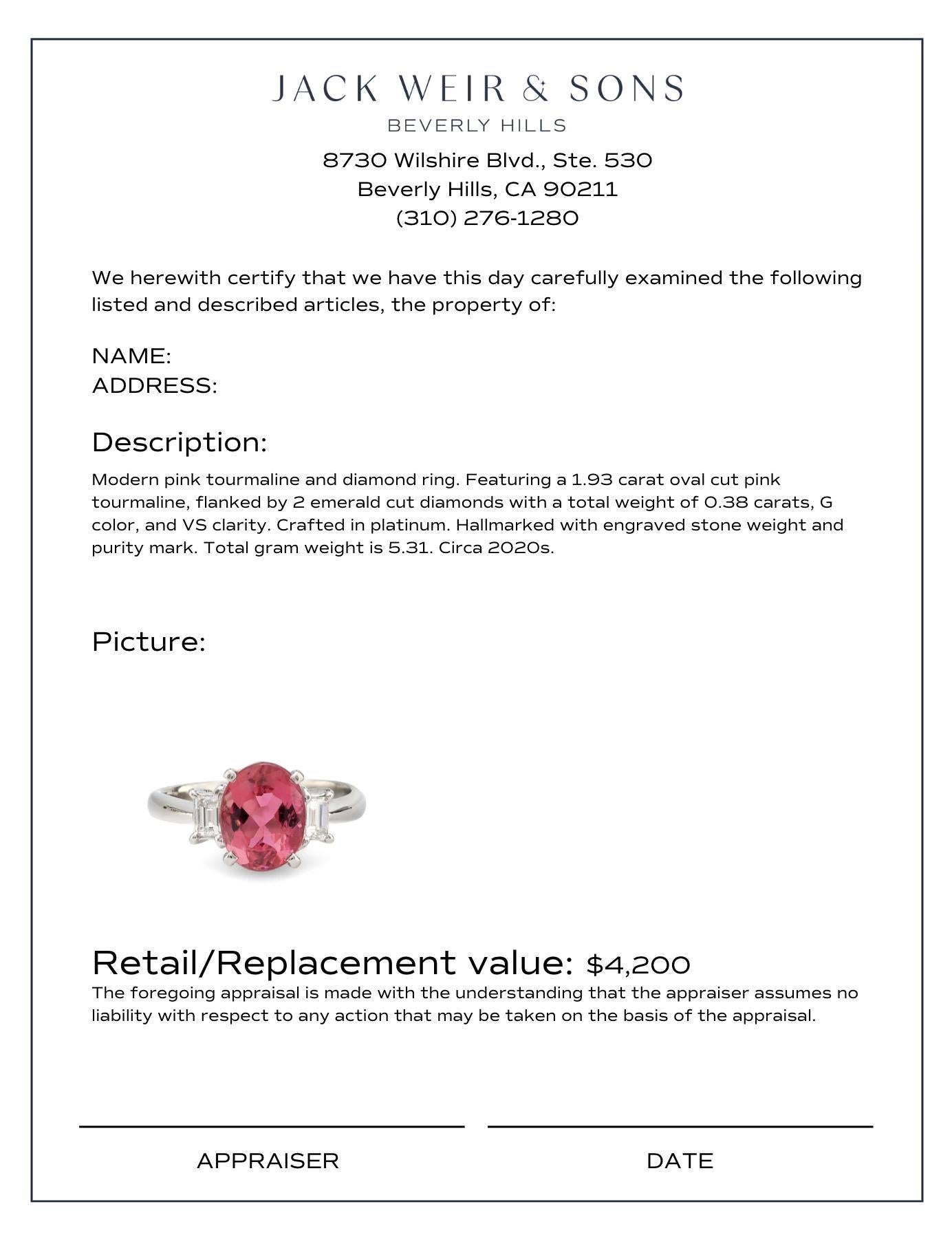 Women's or Men's Modern 1.93 carat pink tourmaline diamond platinum ring For Sale