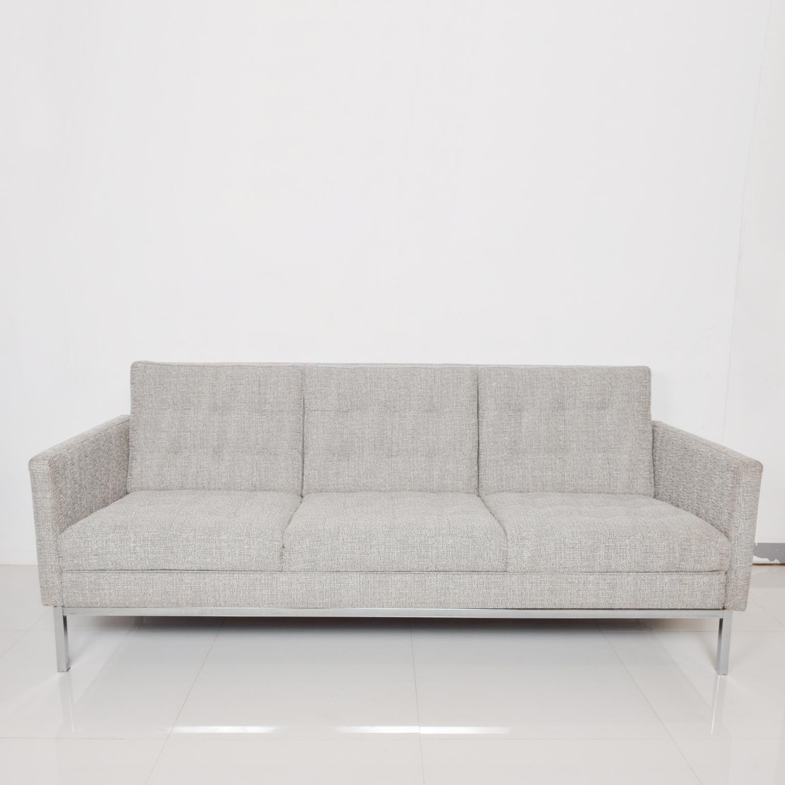 American Modern 1950s Florence Knoll Style Tuxedo Sofa Tan Tufted Three-Seat Chrome Base