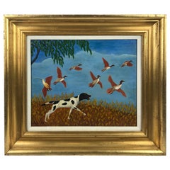Modern 1960s 'Dog with Birds' Oil on Board Naive by Artist Lawrence Labduska