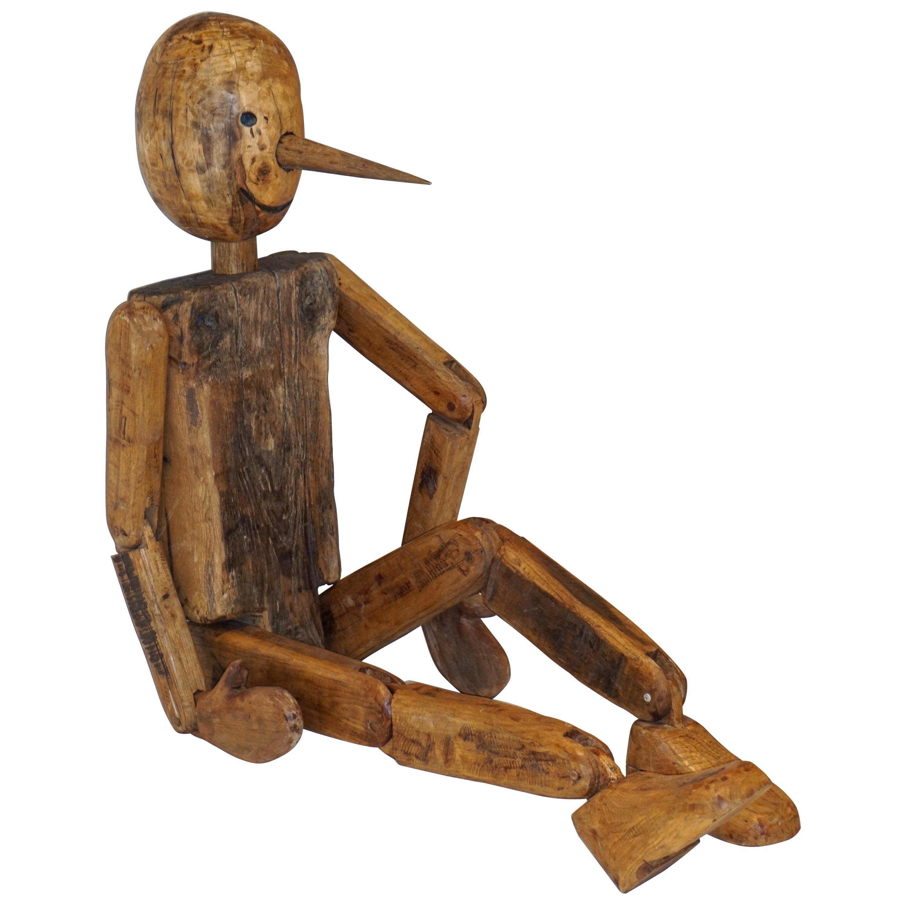 Modern 1960s Italian Vintage Life Size Articulated Wooden Pinocchio Sculpture