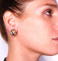 Modern 1970 Gem Set Clips Earrings in 18kt Yellow Gold 3.42 Cts Rubies Diamonds