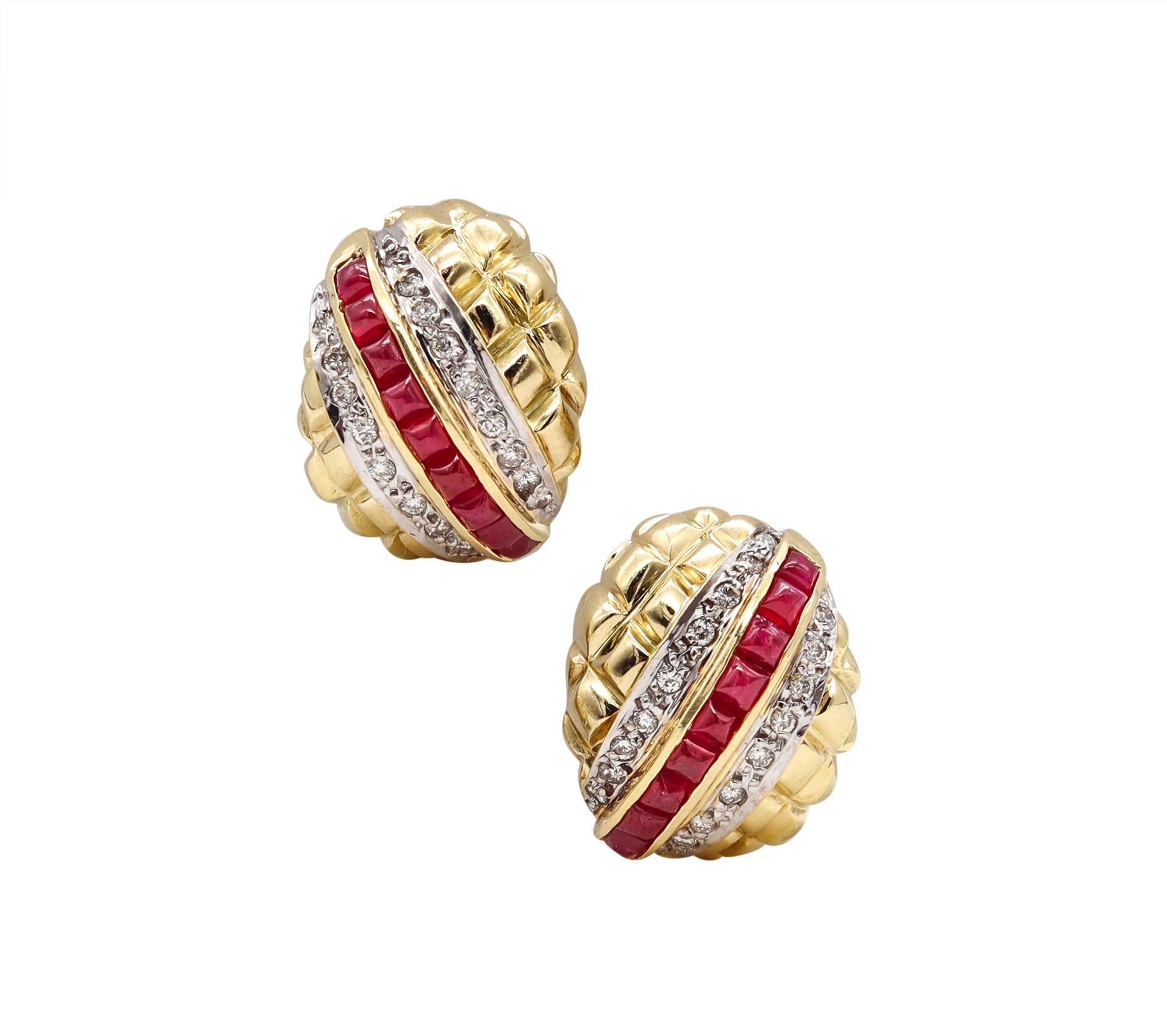 Mixed Cut Modern 1970 Gem Set Clips Earrings in 18kt Yellow Gold 3.42 Cts Rubies Diamonds For Sale