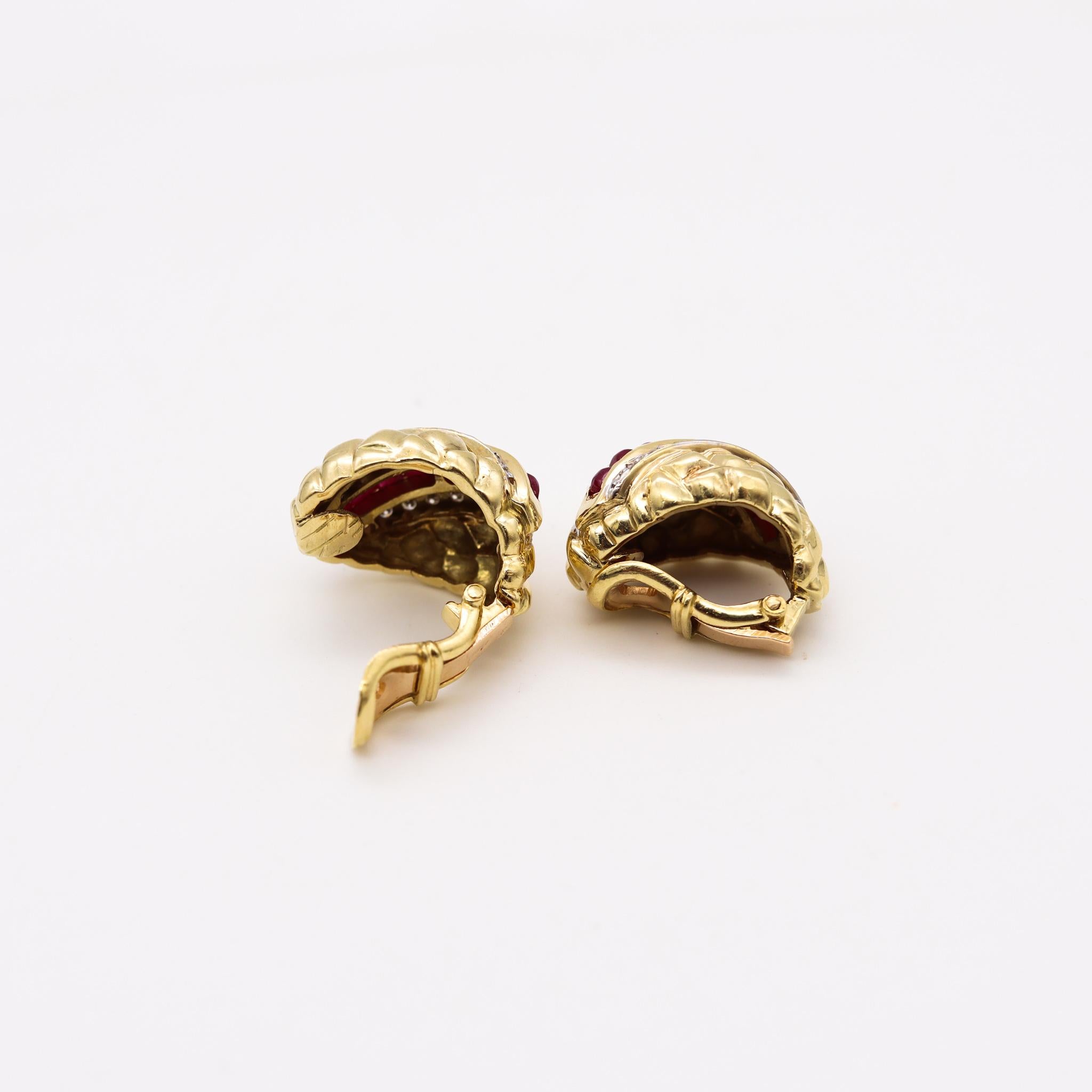 Women's Modern 1970 Gem Set Clips Earrings in 18kt Yellow Gold 3.42 Cts Rubies Diamonds For Sale